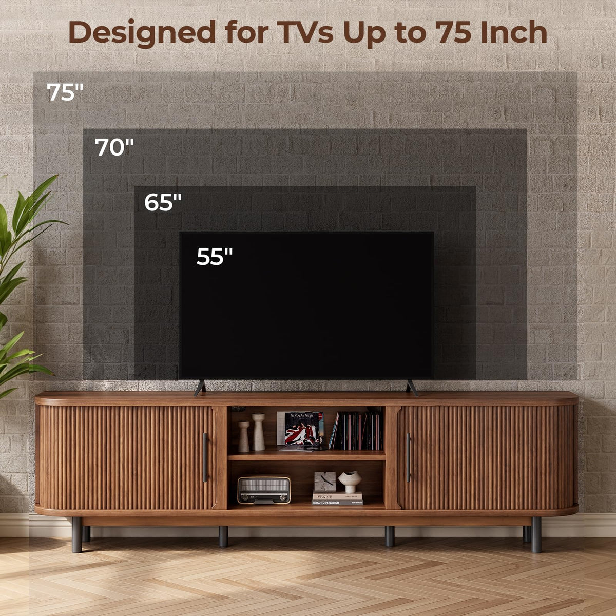 Hizyrina 70" TV Stand for TVs Up to 75", Mid Century Modern Fluted Entertainment Center with 2 Storage Cabinets, Sliding Doors, Cable Management, Wood Television Media Console for Living Room, Walnut