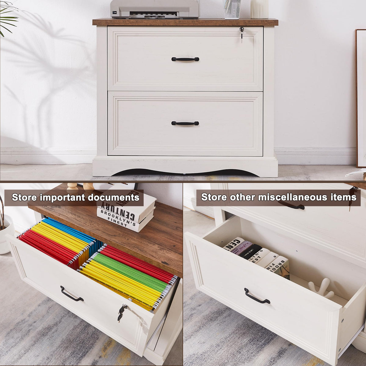 LayBurst 34.6" Farmhouse File Cabinet,Wood File Cabinet with Hanging File Folders,Top Drawer Lockable,Lateral Filing Cabinet for Home Office Compatible with Letter/Legal/A4 Size (2)