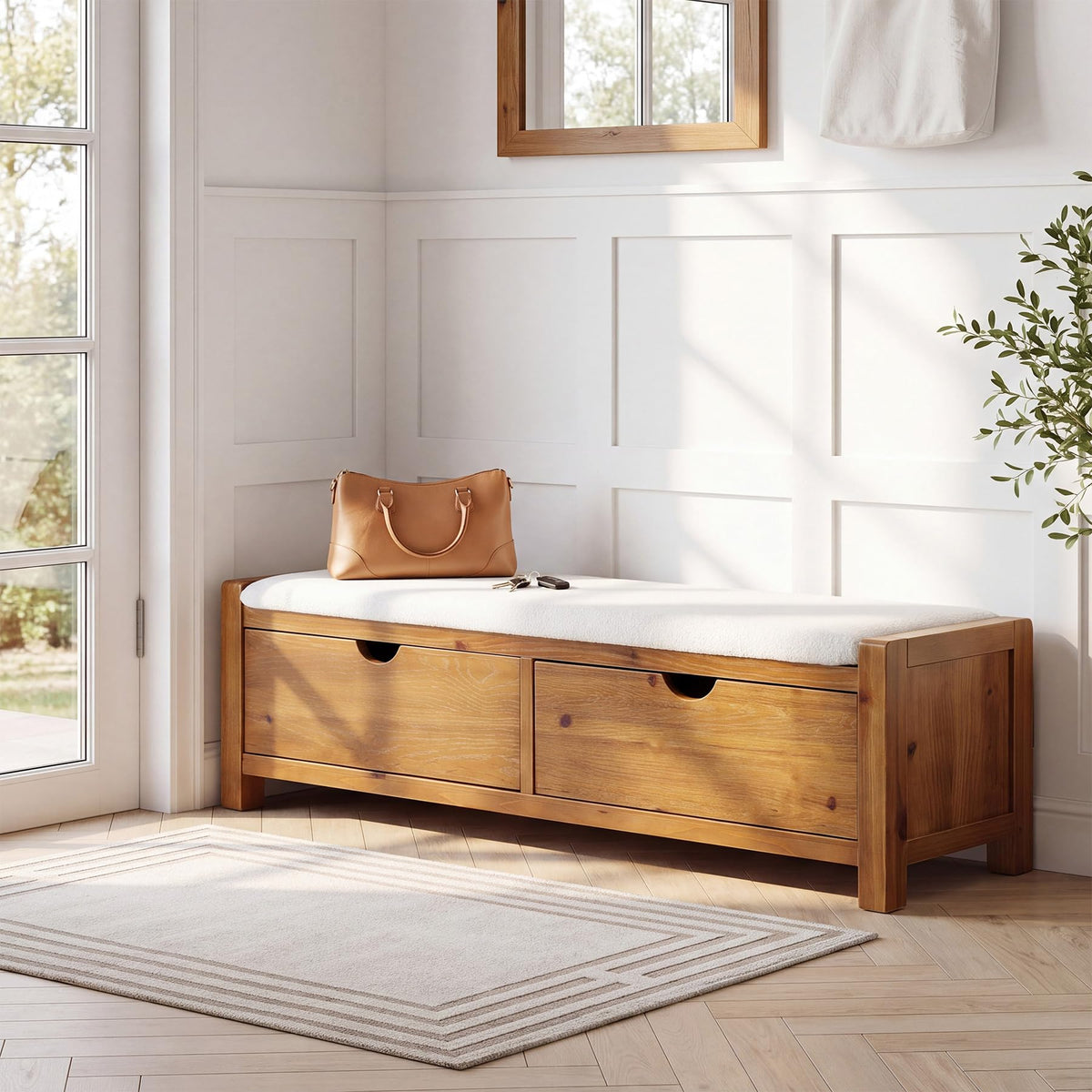 55" Wood Entryway Bench with 2 Storage Drawers, Upholstered Storage Bench