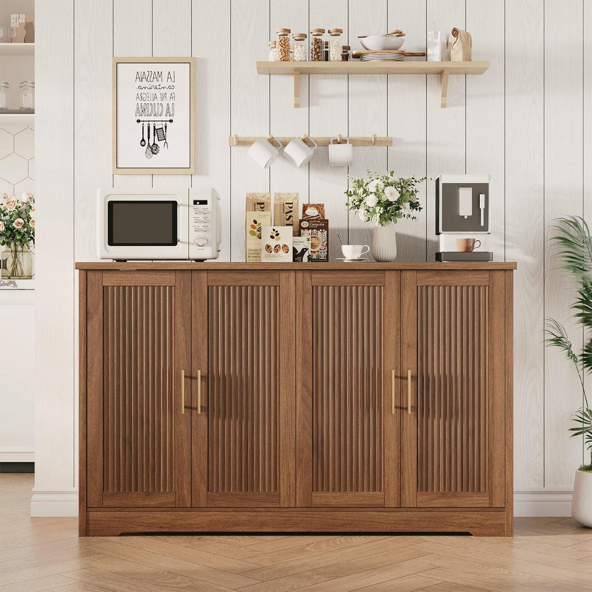 55.51" Fluted Sideboard Buffet Cabinet for Dining Room, Kitchen, Walnut