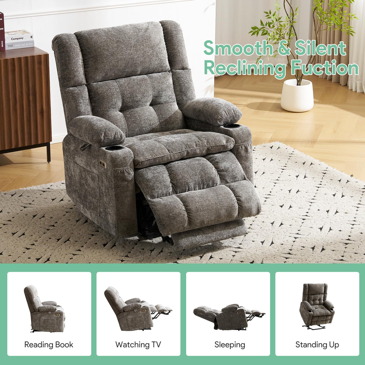 RUTOX Oversized Lift Chair for Elderly with Massage and Heat, Dual Motor Power Lift Recliner Chair with Arm Storage, Lay Flat Lift Recliner for Lving Room, Big Tall, Infinite Position, Grey