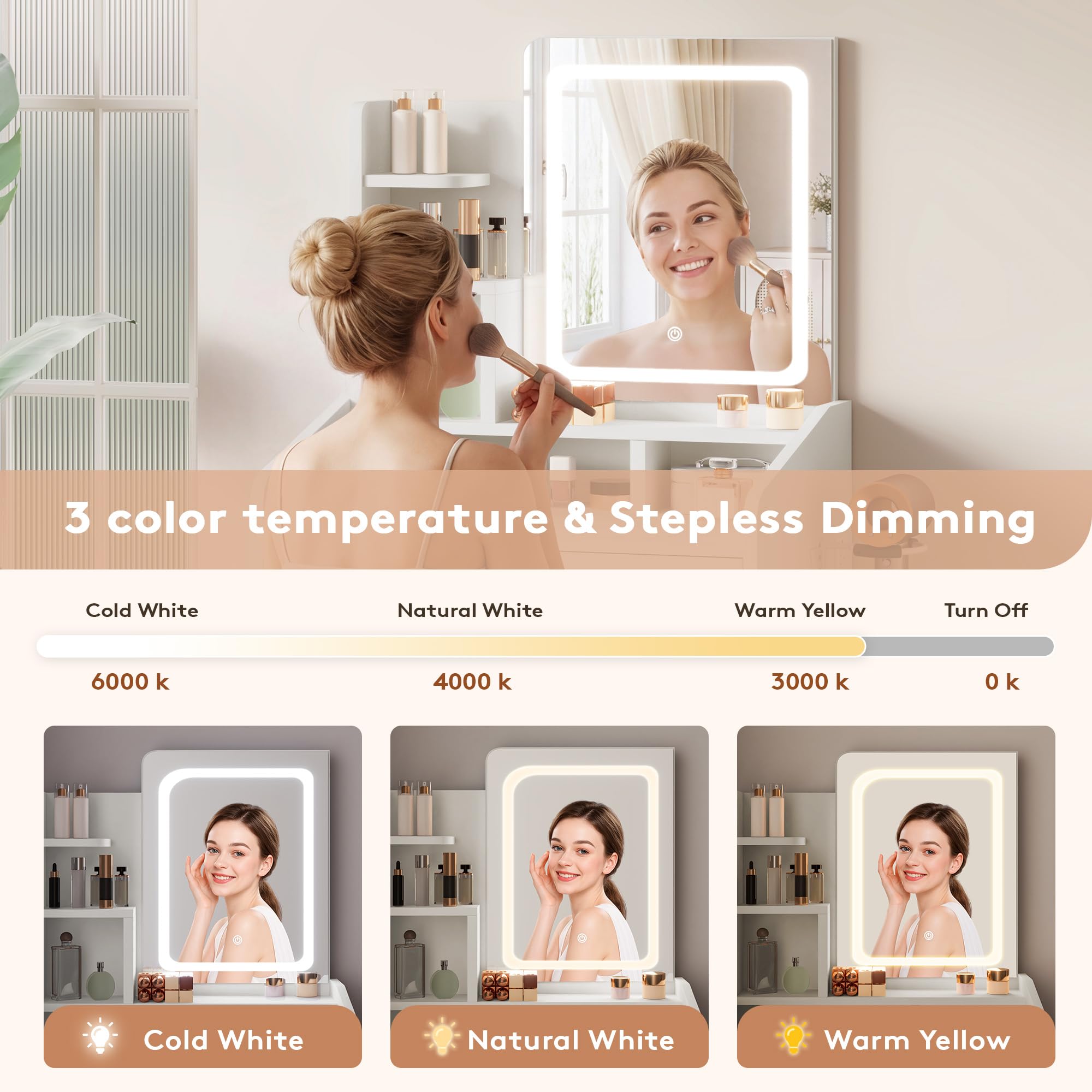 LIVELYGLOW Small Vanity Set with Lighted Mirror & Power Station, 24" Modern White Makeup Desk with Storage Stool, HairDryer Rack, Smart LED 3-Color Lighting, Compact Dressing Vanity for Bedroom