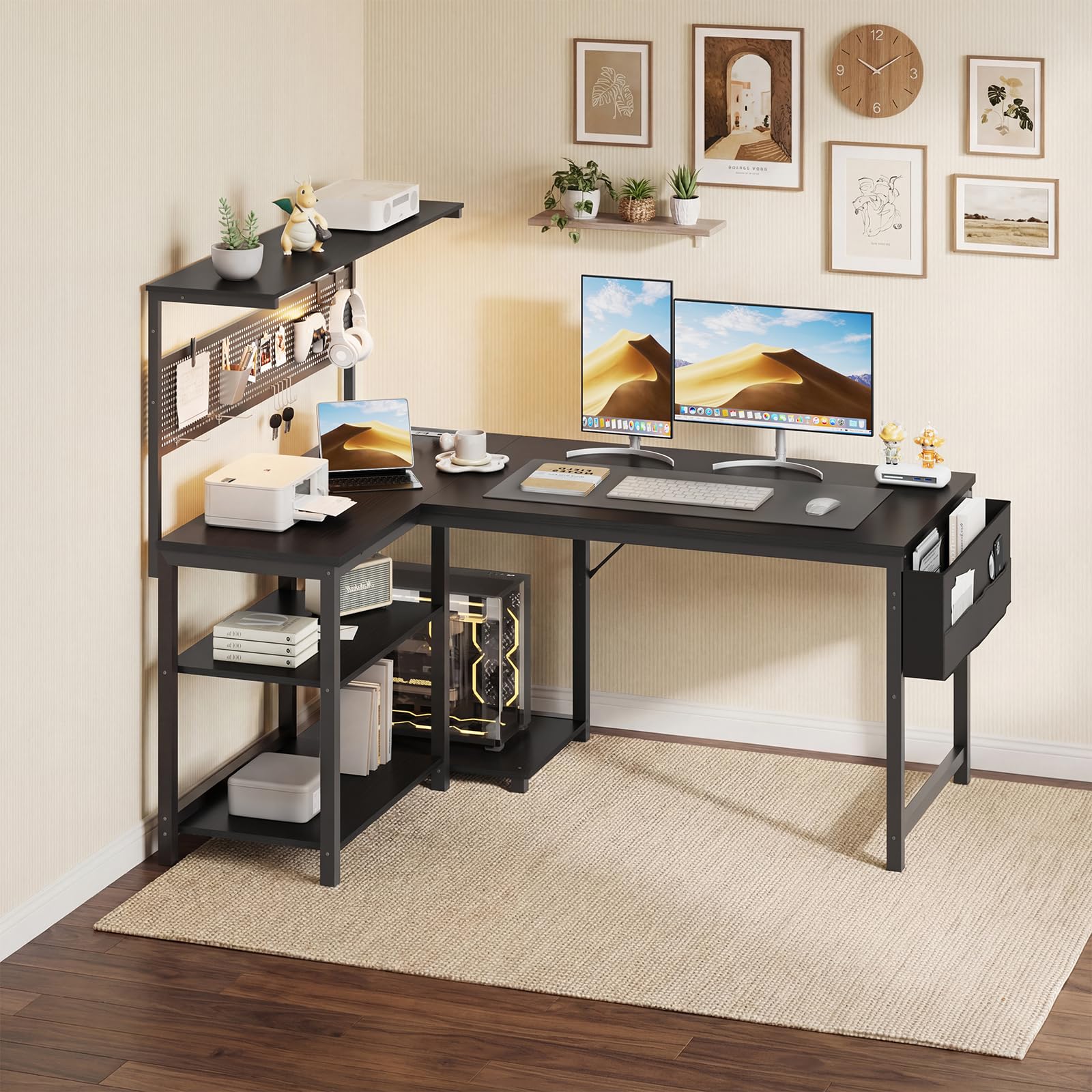 L-Shaped Gaming Desk with LED Light & Power Outlet, 47 Inch
