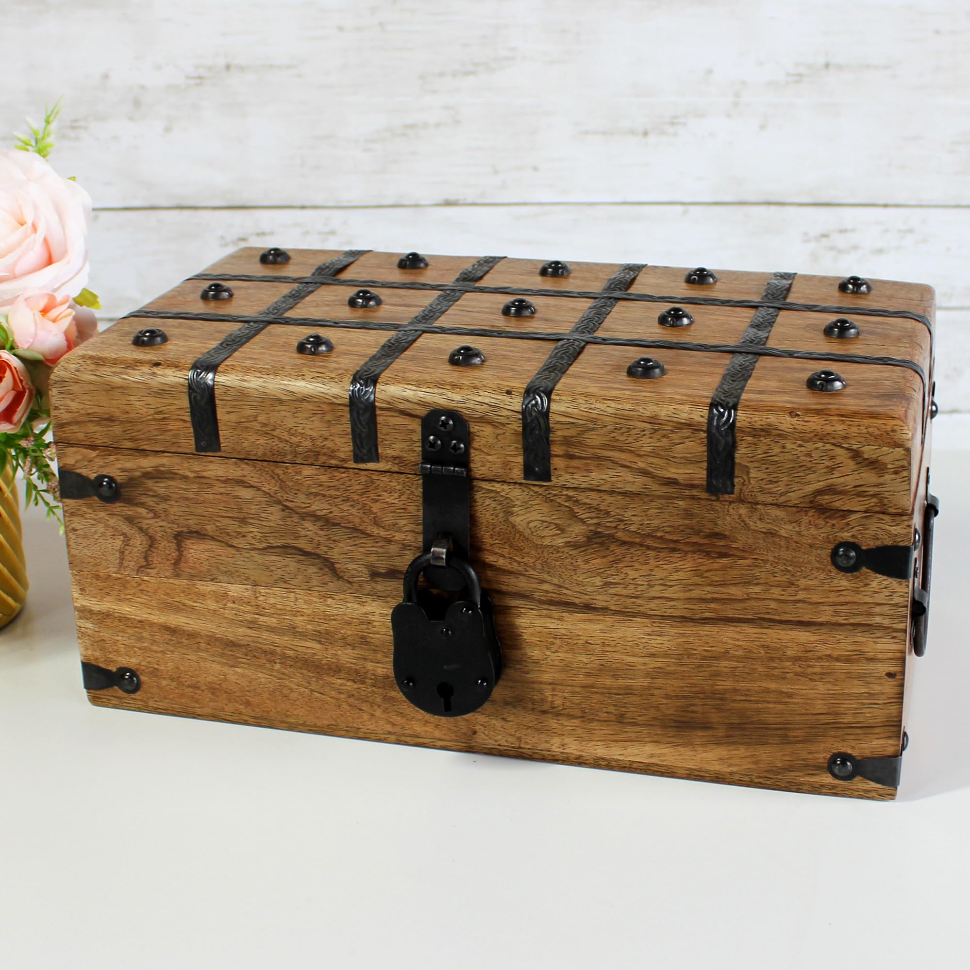 Nautical Cove Treasure Chest Wooden Box with Antique Iron Lock and Skeleton Key (Large 14.5x8x6.75) - Storage and Decor – Pirate Wooden Treasure Chest, Decorative Box with Hinged Lid,