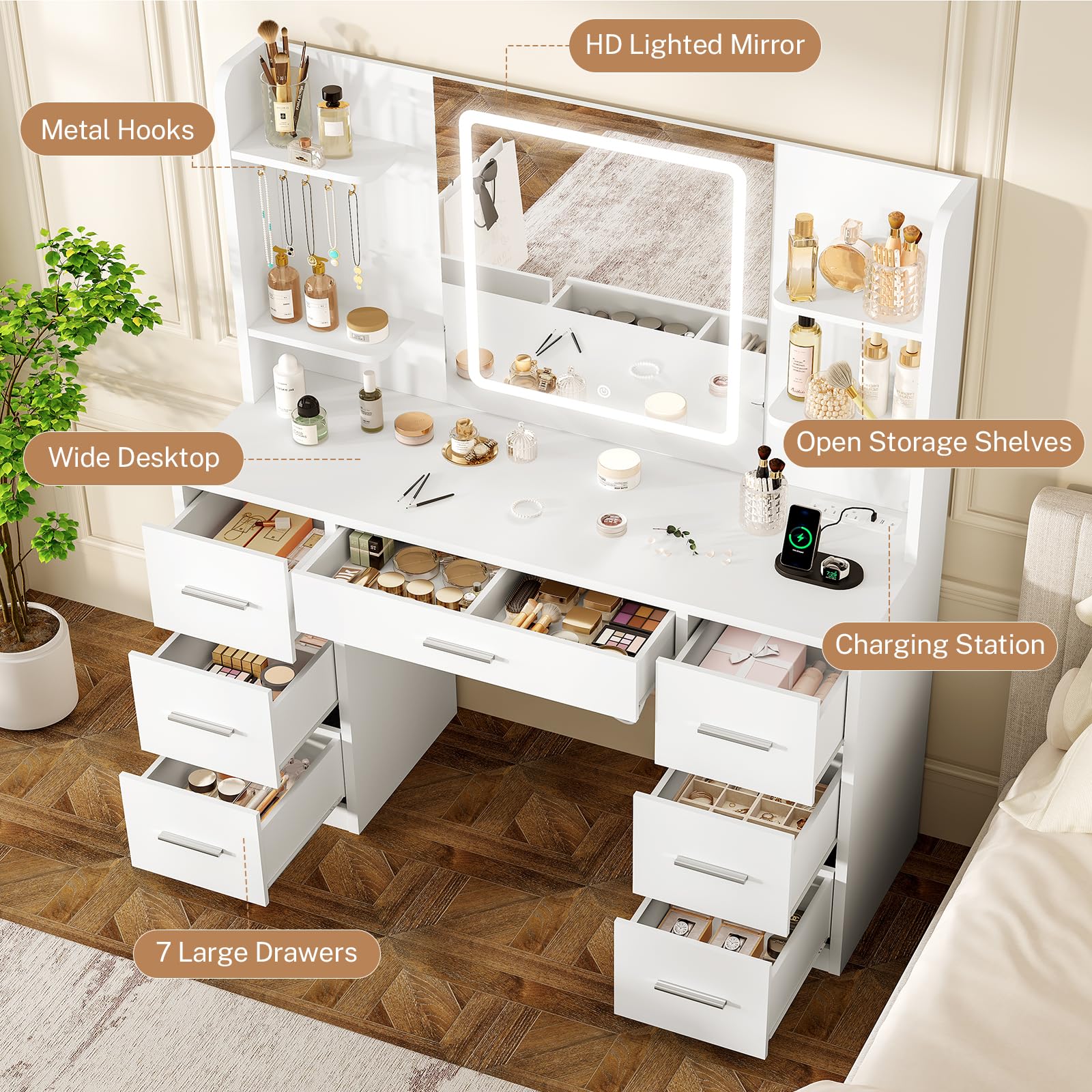 FIONESO Large Vanity Desk with LED Lighted Mirror & Power Outlet, Makeup Vanity Table with 7 Drawers,4 Shelves and 5 Hooks, White Vanity for Bedroom, Bathroom
