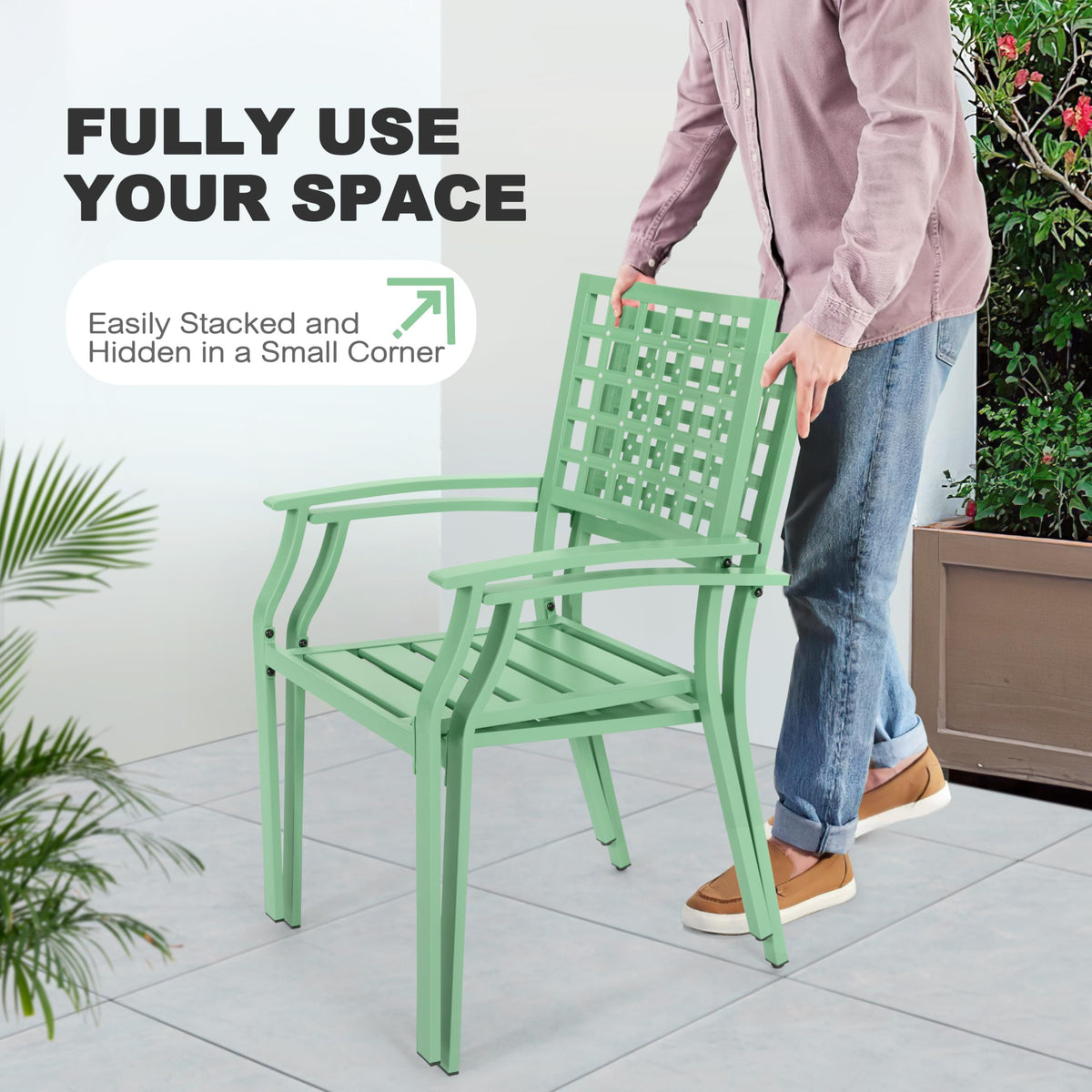 NUU GARDEN 3 Pieces Outdoor Bistro Set, All-Weather Patio Furniture with 2 Metal Stackable Chairs and Square Table, Waterproof Set for Balcony, Porch, Garden, Deck, Green