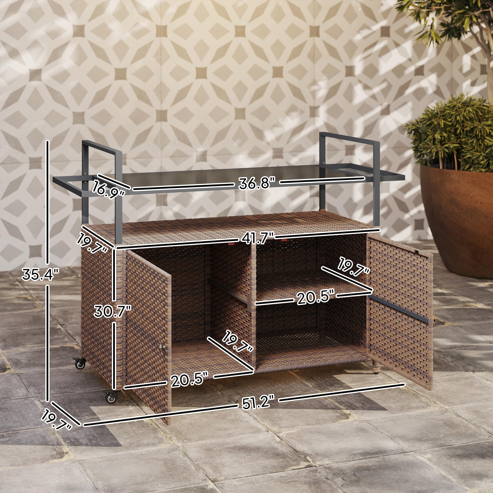Outsunny PE Rattan Outdoor Storage Cabinet, Wicker Outdoor Bar Table Kitchen Island with Wheels & 2-Tier Shelf, Patio Serving Cart with Glass Top, Handles, Towel Racks for Poolside, Mixed Brown