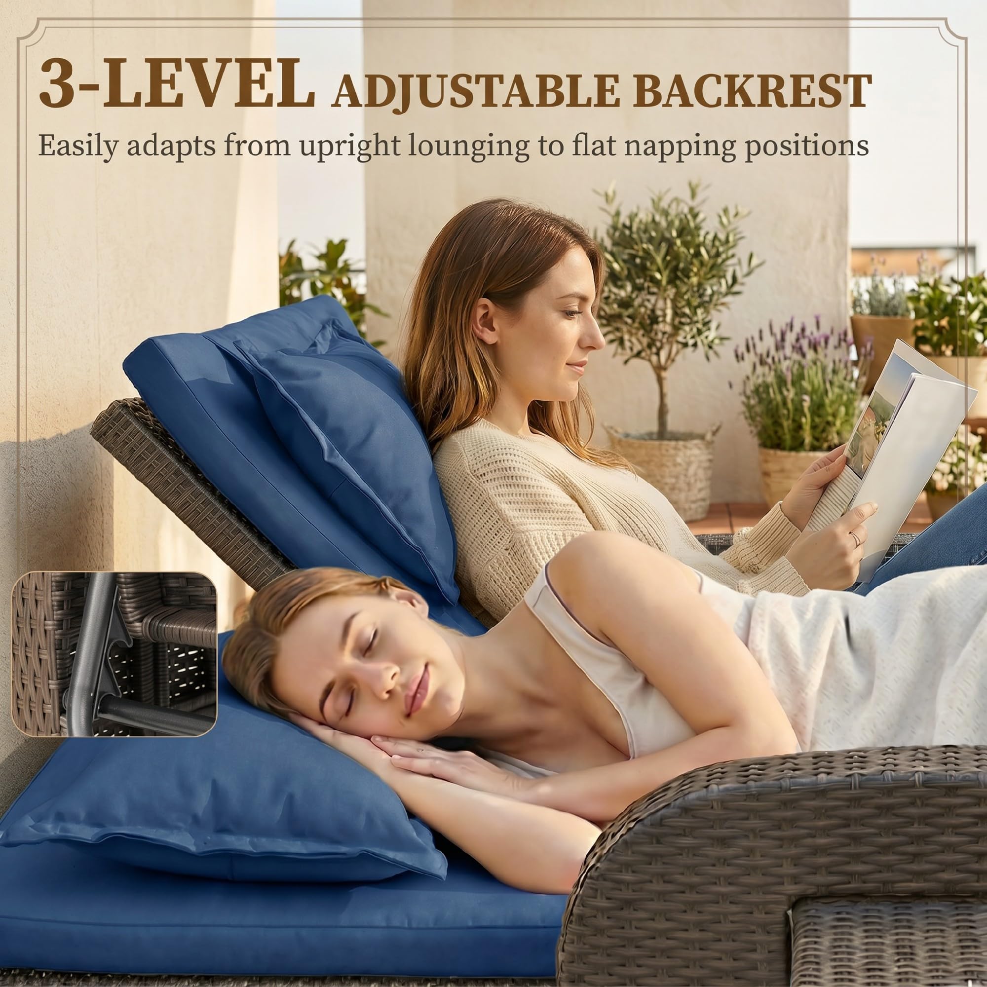 Outsunny Patio Rattan Daybed, Wicker Outdoor Daybed with Storage Ottoman, Loveseat Sofa with Adjustable Backrest, Side Tables, Cushions, Headrests, Double Sunbed Lounger for Balcony, Navy Blue