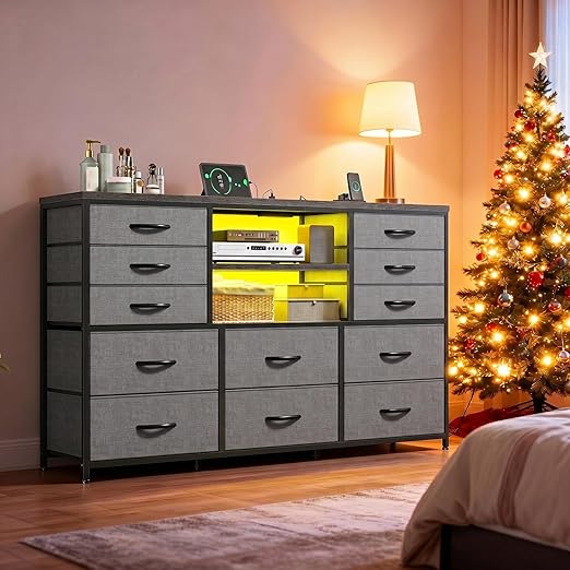 12-Drawer Dresser & TV Stand with LED Lights & Charging Station