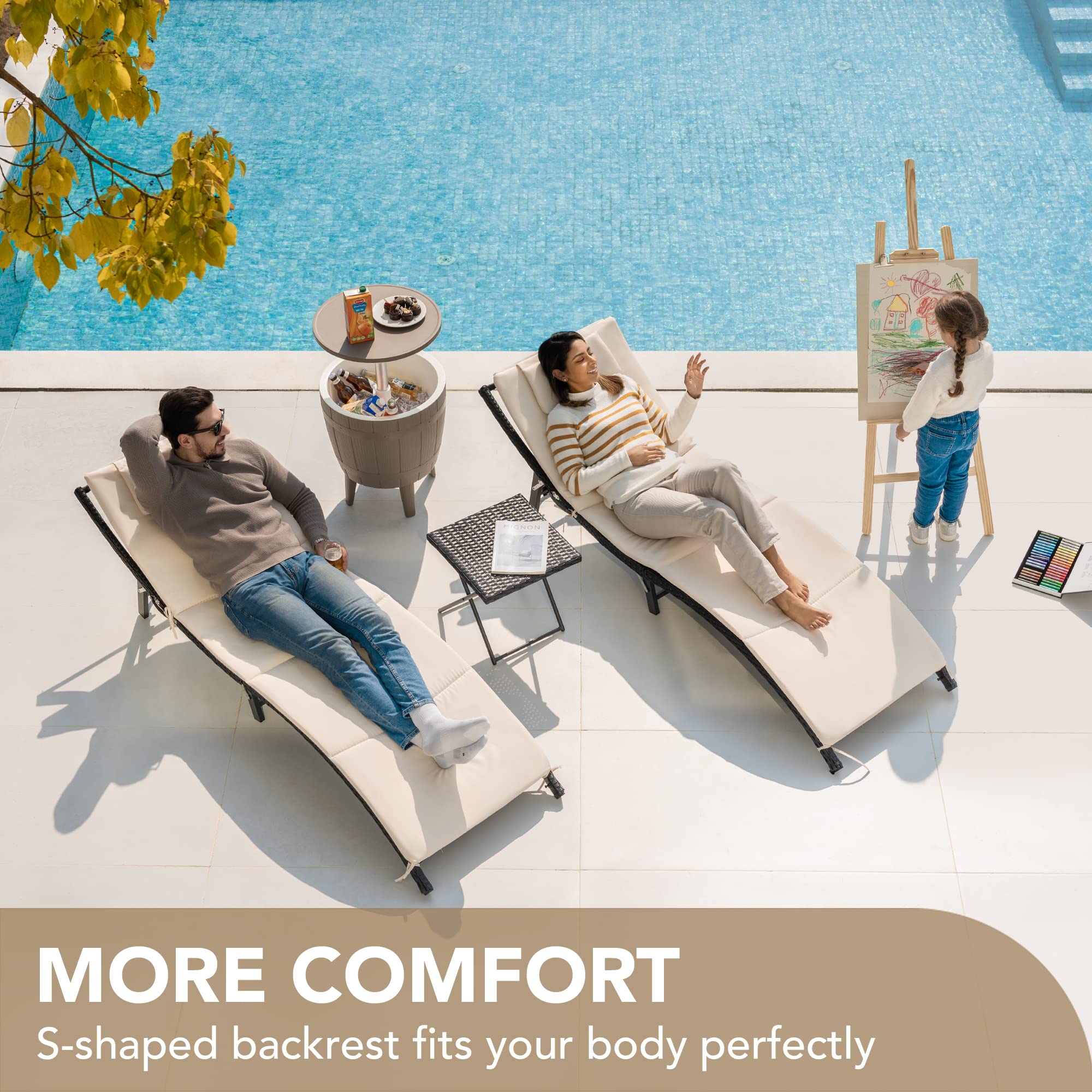 Outdoor Rattan Chaise Lounge Set of 3 with Folding Table