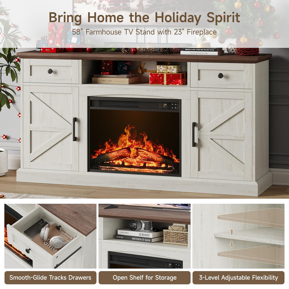ONBRILL Farmhouse Fireplace TV Stand, TV Table with 23" Electric Fireplace