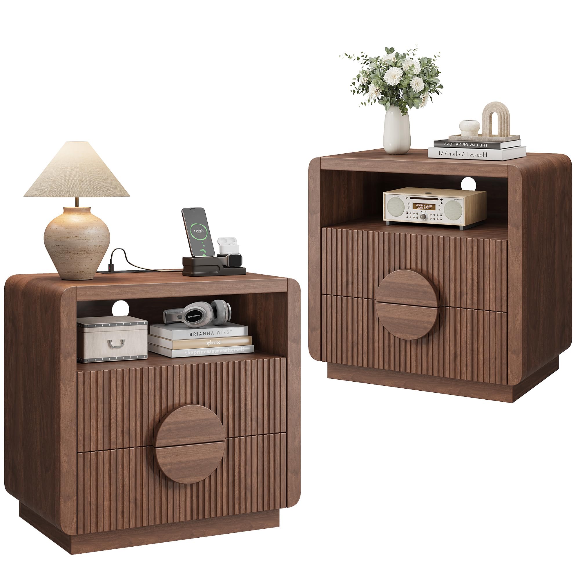 Fluted Nightstand with Charging Station & Storage
