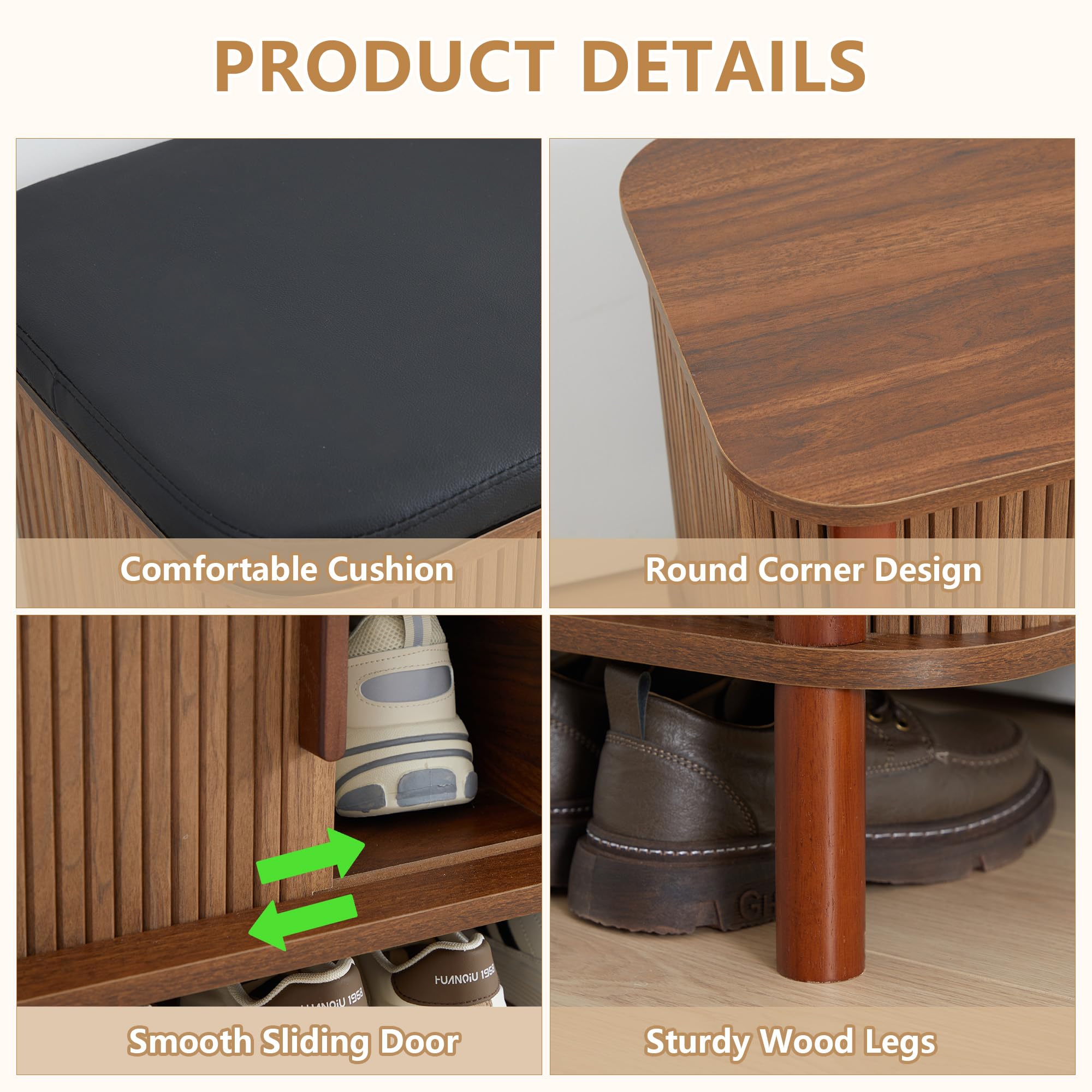 Shoe Bench with Sliding Door & Leather Cushion