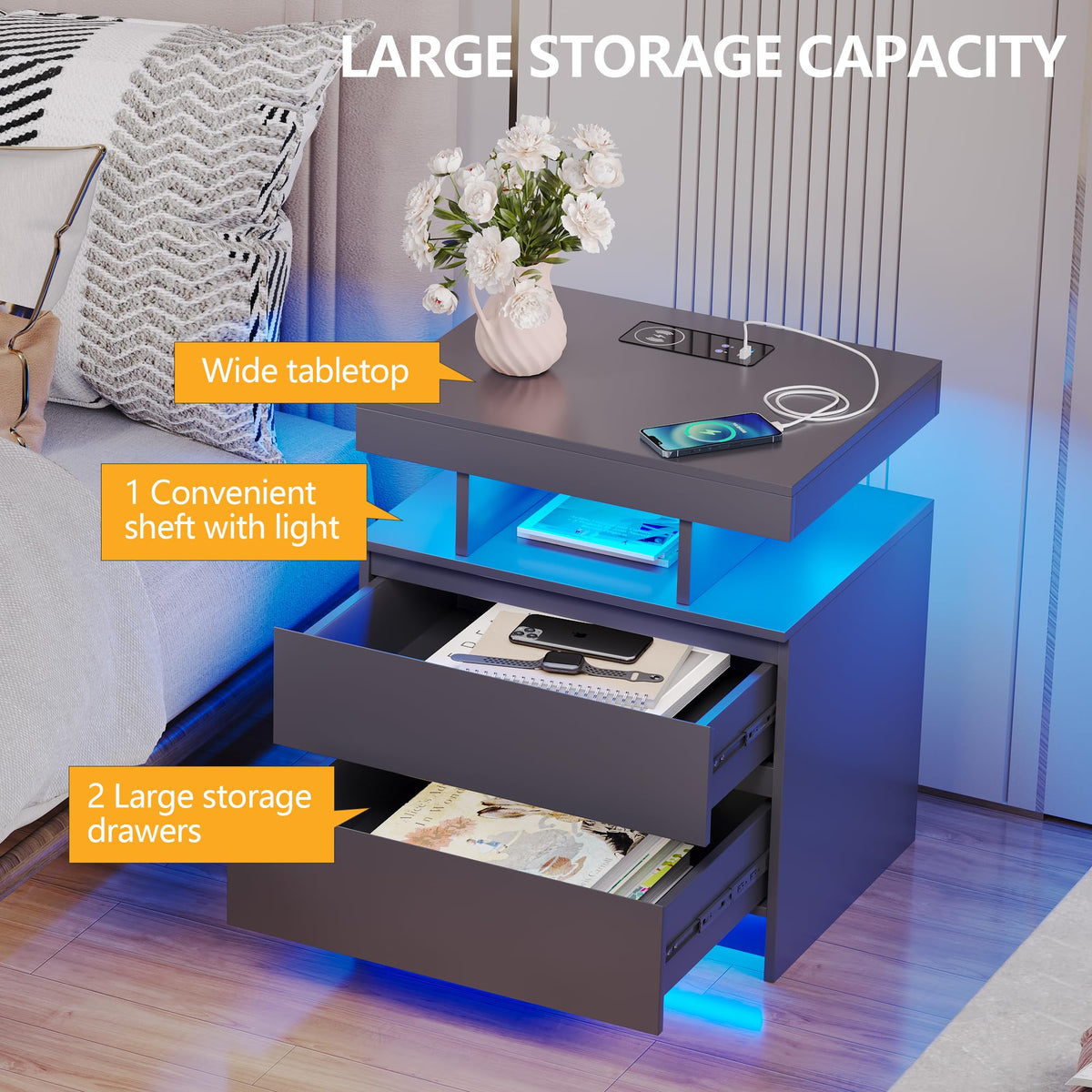 LED Nightstand with Charging Station