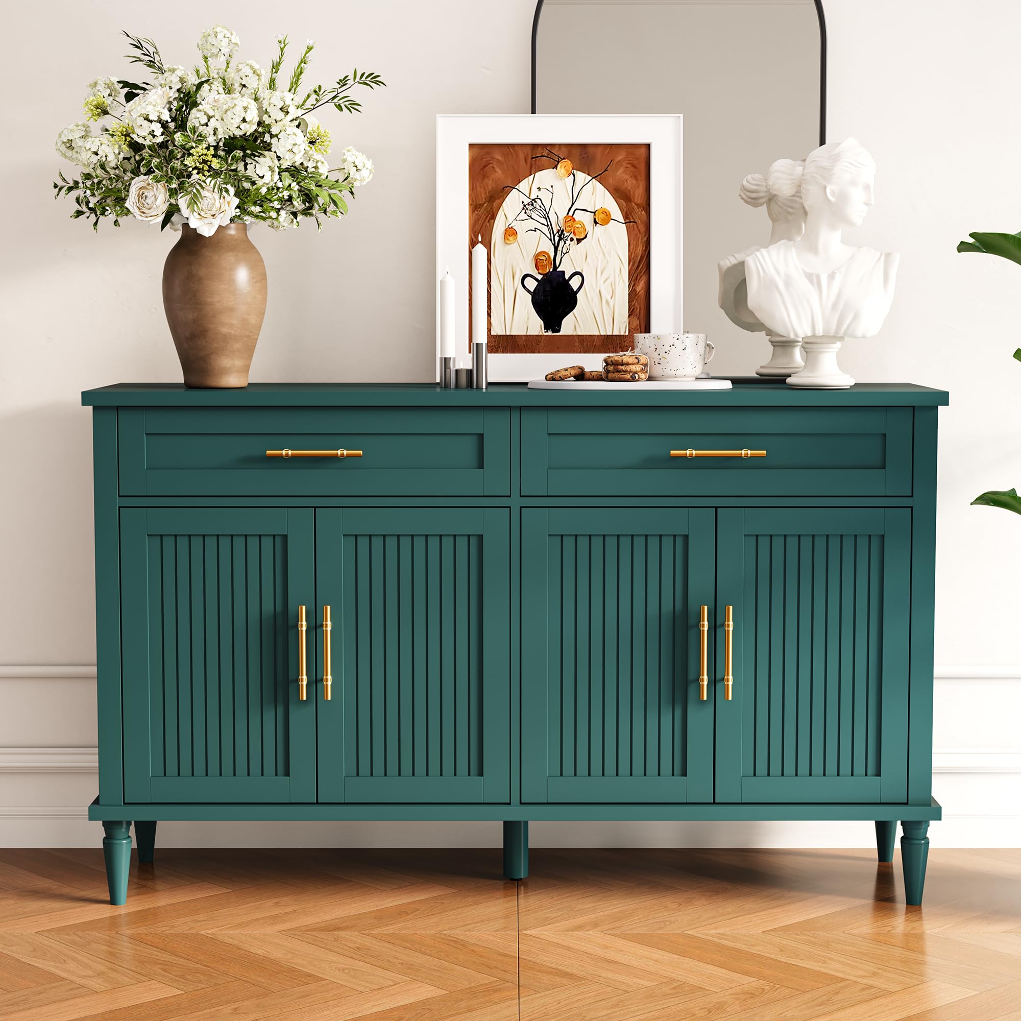 ZOSQUARE 58 Inch Sideboard Buffet Cabinet with Storage, Fluted Buffet Storage Cabinet with 2 Drawers and 4 Doors, Modern Coffee Bar with Adjustable Shelves for Living Room, Kitchen (Green)