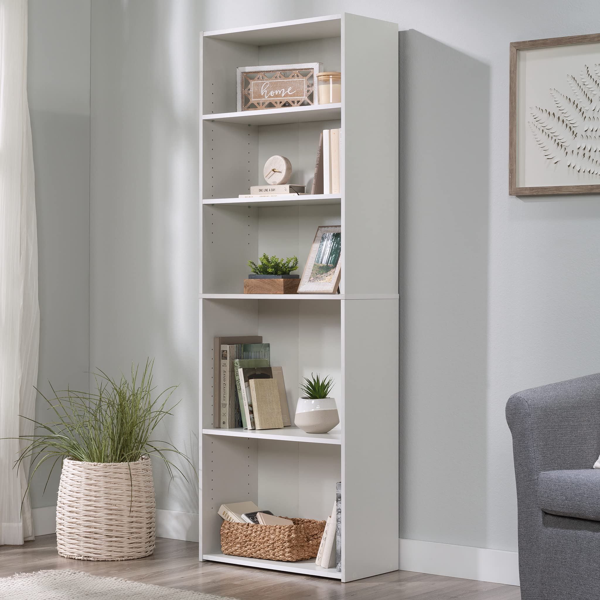 Sauder Beginnings 5-Shelf Bookcase, Bookshelf with Adjustable Storage Shelves, in Soft White