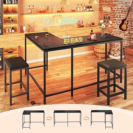 L-Shaped Bar Table Set with Power Outlets