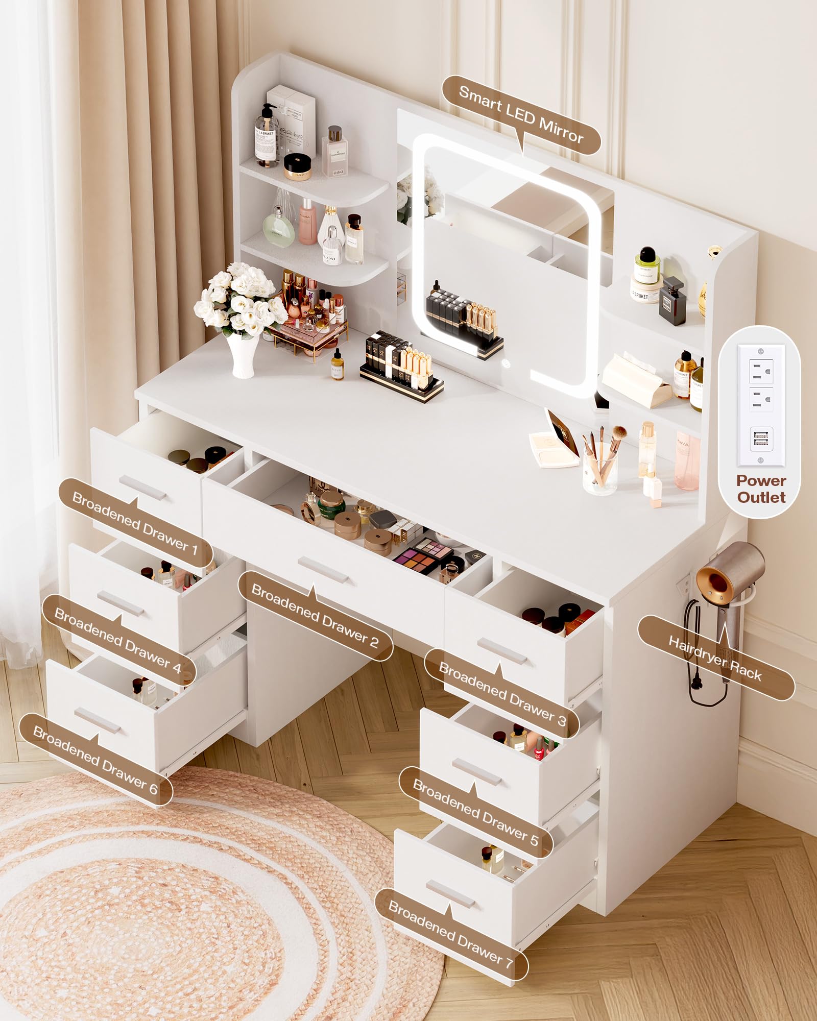LIVELYGLOW White Large Makeup Vanity Desk with Smart LED Mirror & Power Station, 43" Professional Dressing Table with 7 Drawers, 4 Open Shelves & Hairdryer Holder for Bedroom