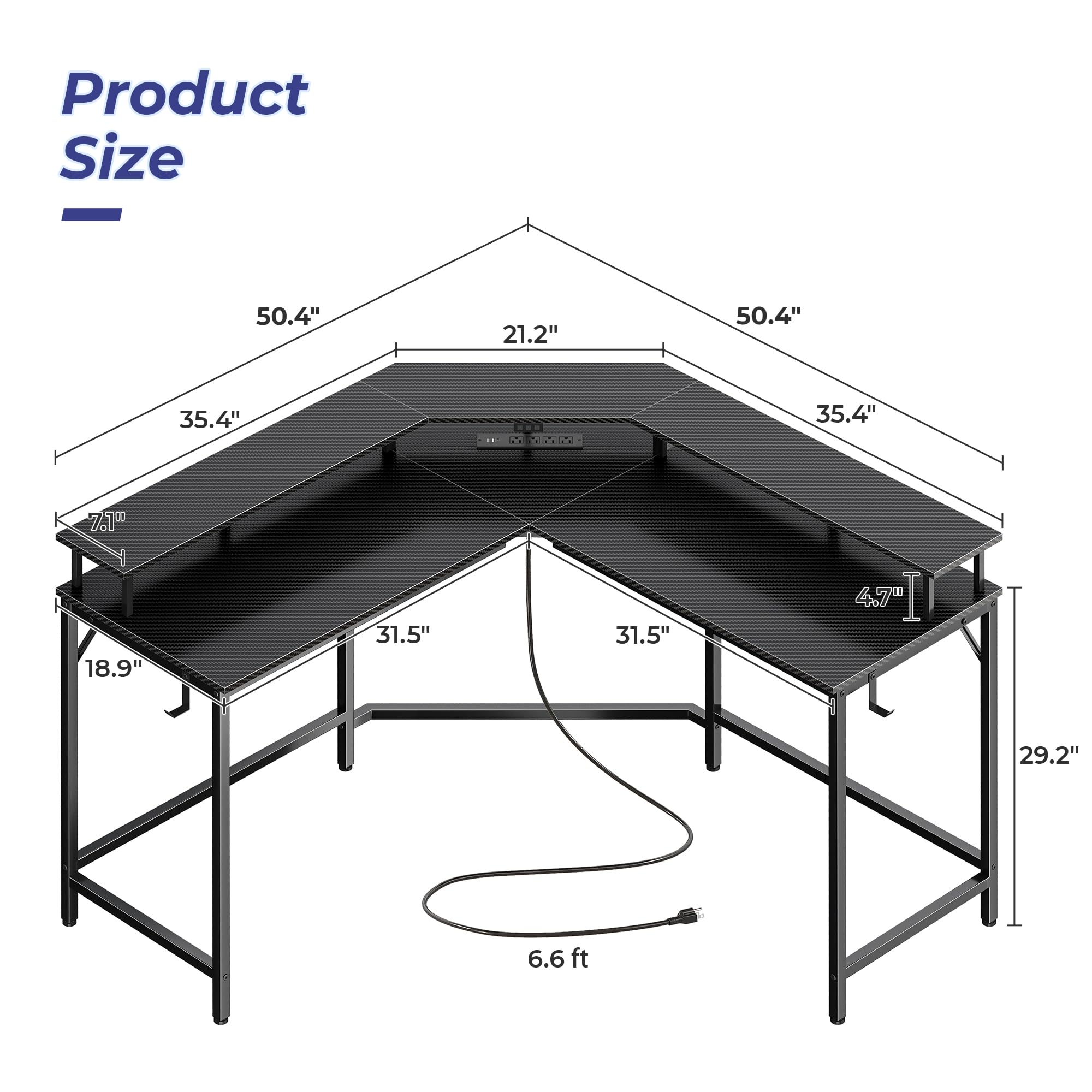 L-Shaped Gaming Desk with LED Lights & Power Outlets