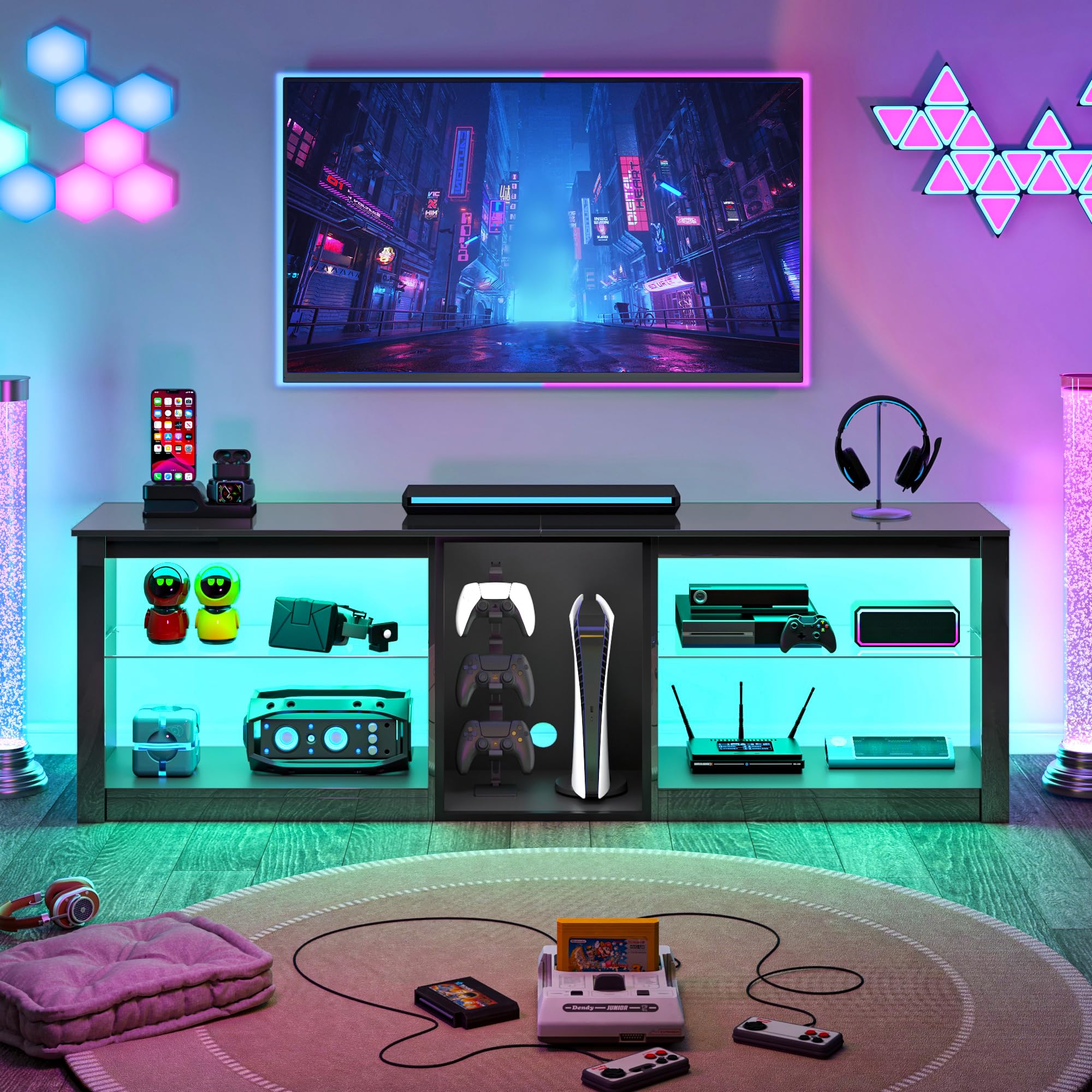 63" LED TV Stand with Glass Shelves