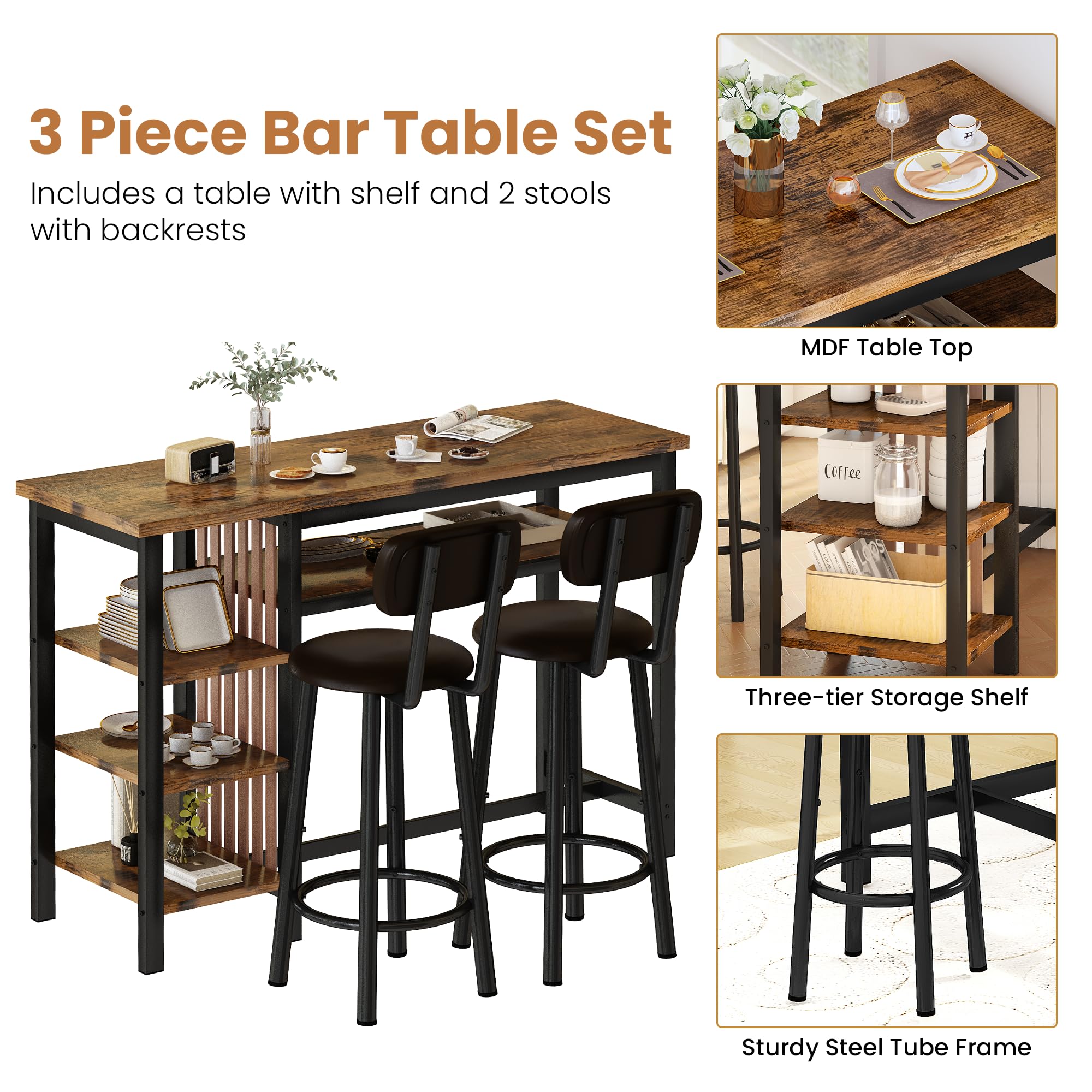 3-Piece Bar Table and Stools Set