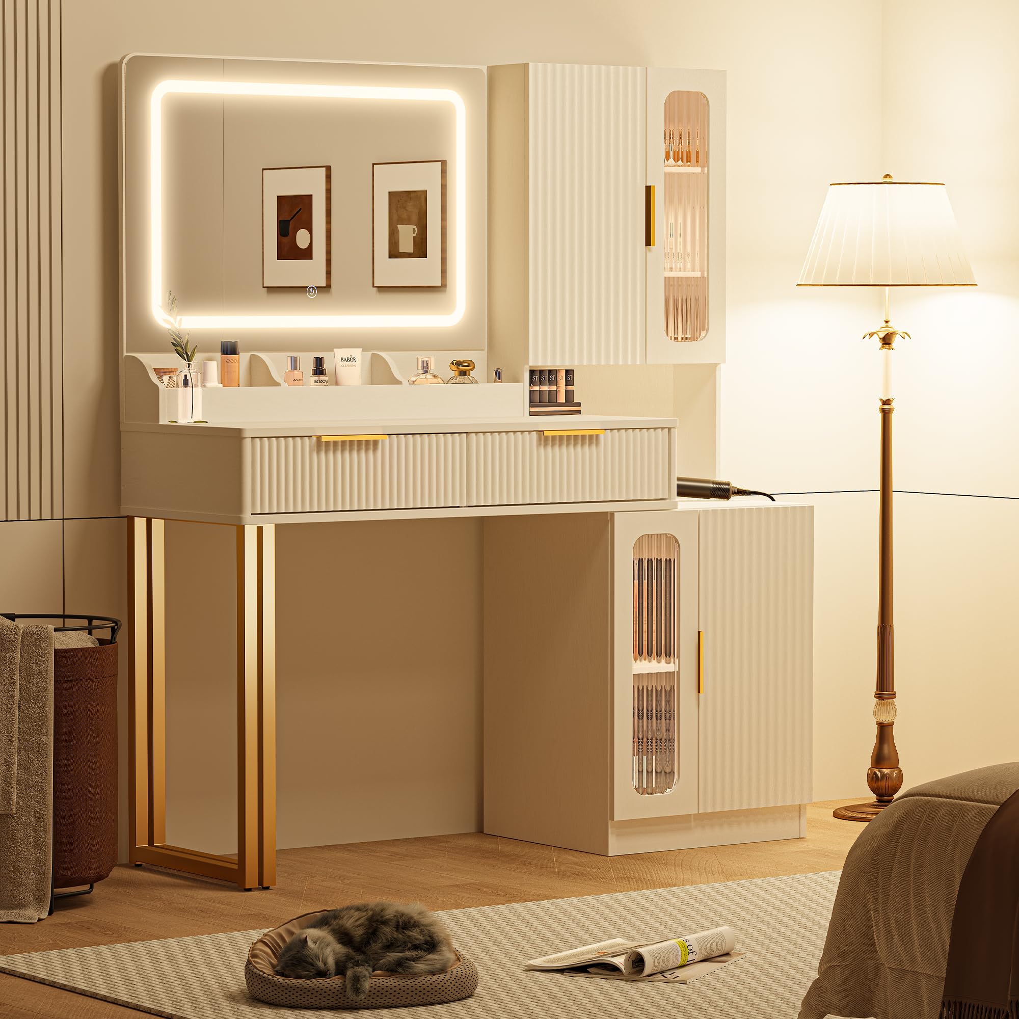 42" Modern Makeup Vanity Desk with Mirror and Lights, Makeup Vanity with 5 Shelves& 2 Drawers and Cabinet, Vanity Table with Power Outlet, 3 Color Adjustable Lighting Dressing Table Set for Bedroom