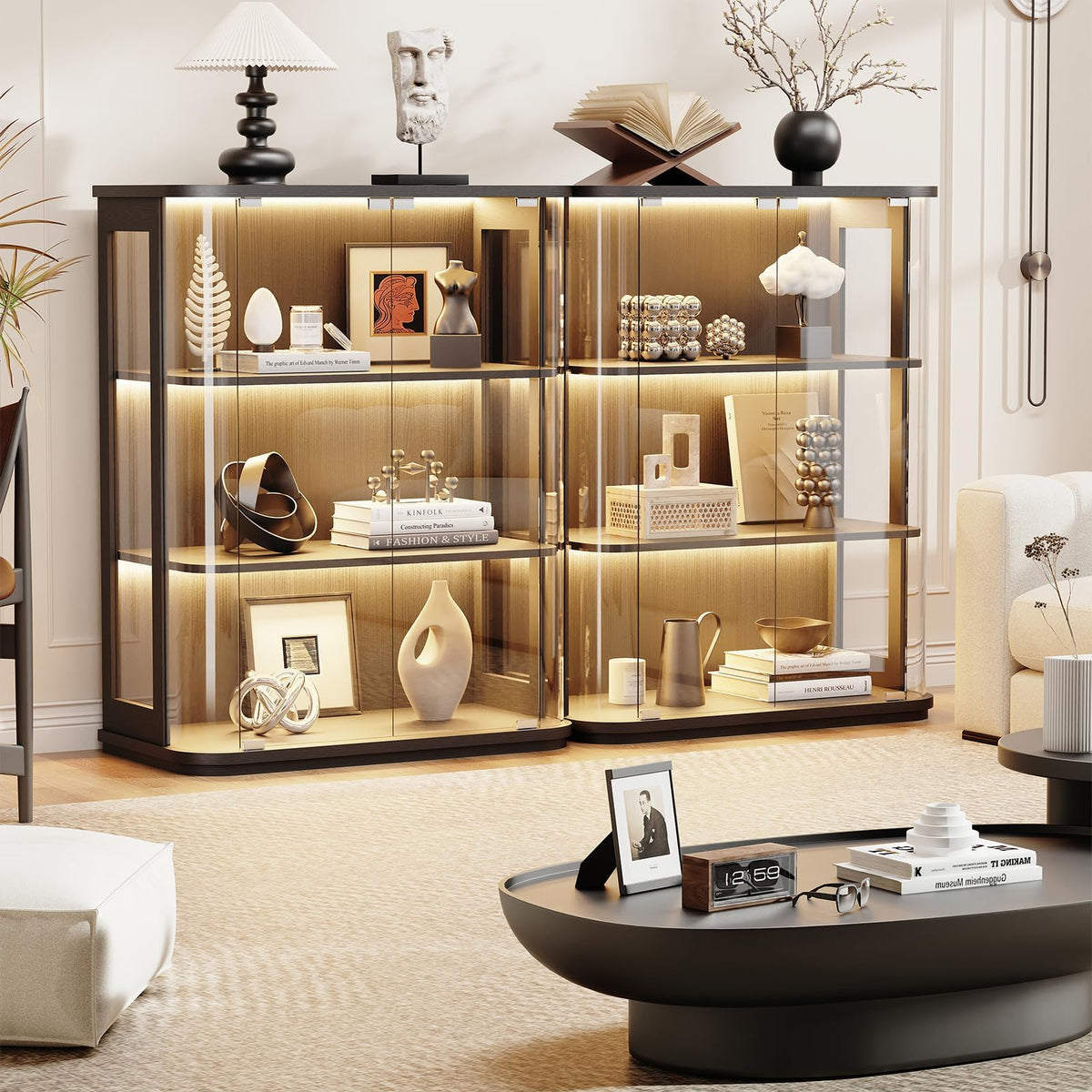 BROTTAR 3-Tier Rounded Display Cabinet with Lights&Human Body Sensor Black