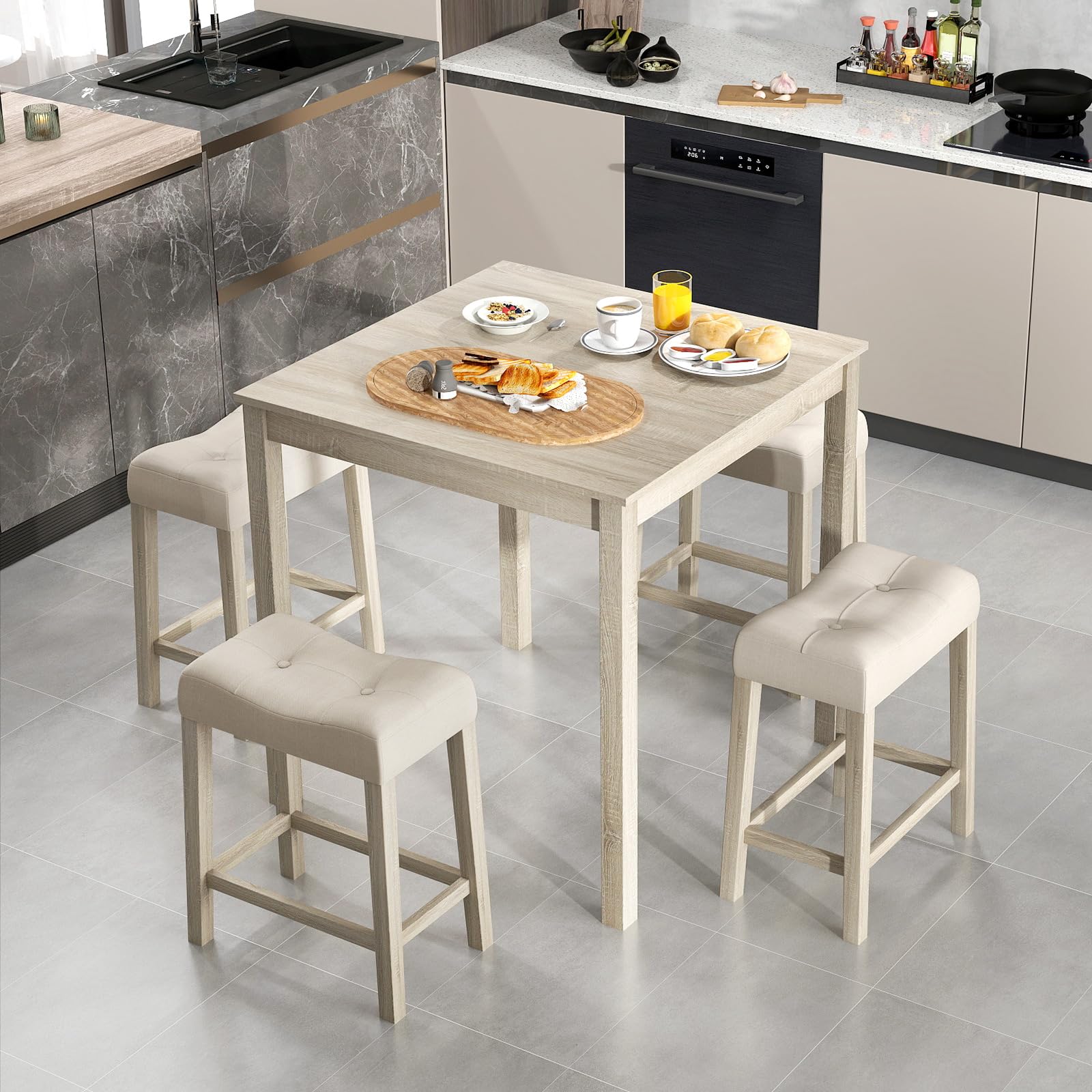 NAFORT 5 PCS Small Dining Table Set, Farmhouse Breakfast Nook Set with 4 Upholstered Saddle Stools, Space-Saving Wooden Bar Table Set for Living Room, Dining Room, Home Bar& Kitchen