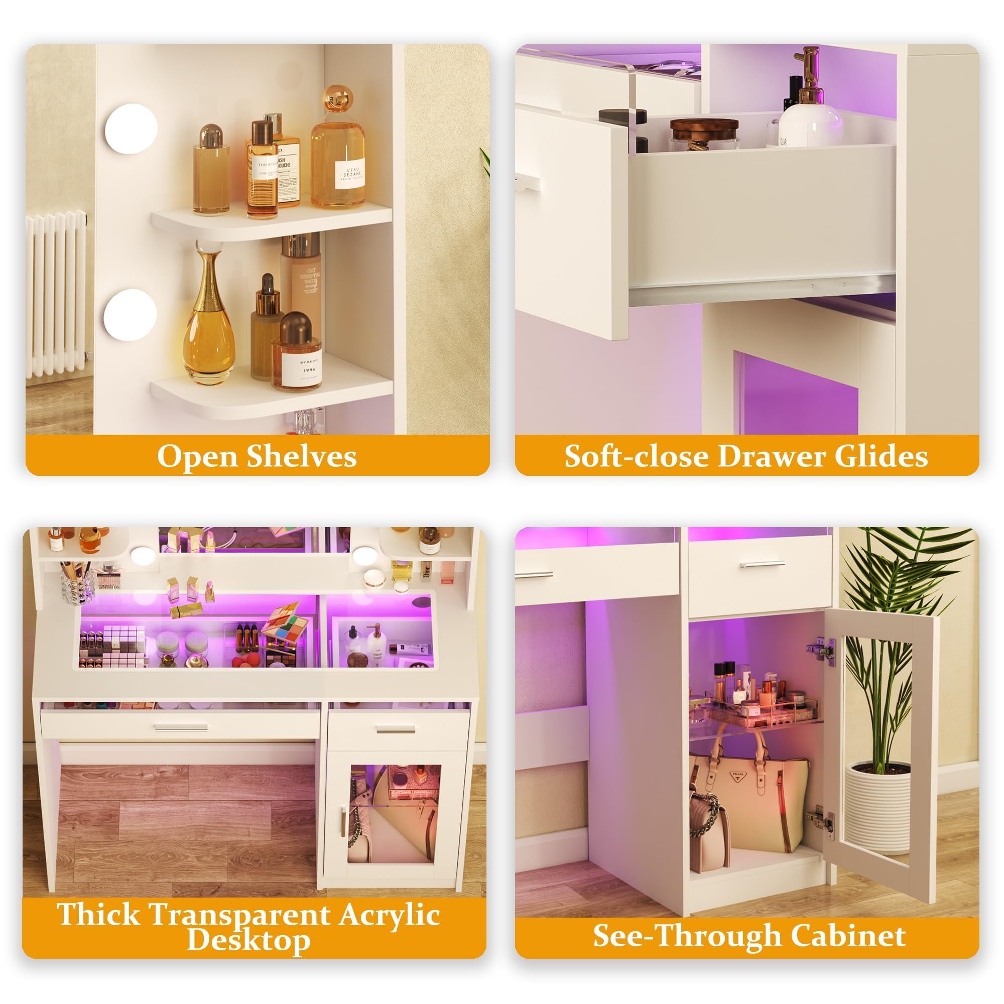 HUAHUU Vanity Desk with Mirror and Lights, Makeup Vanity Desk with Lights 3 Colors, Transparent Top Vanity with 2 RGB Drawers, 6 Shelves, Large Tempered Cabinet, Power Outlet, for Bedroom, White