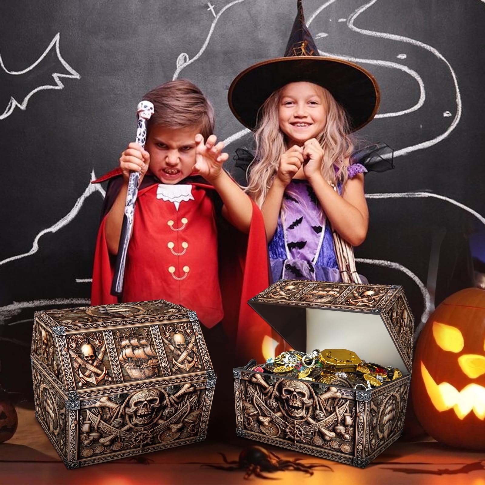 PETCEE Pirate Treasure Chest & Skull Box - Large 9"x 9.3"x 8" Cardboard Classroom Storage for Kids Prizes Reusable Treasure Chest for Classroom Rewards Pirate Party Decor Toys Keepsake Organizer