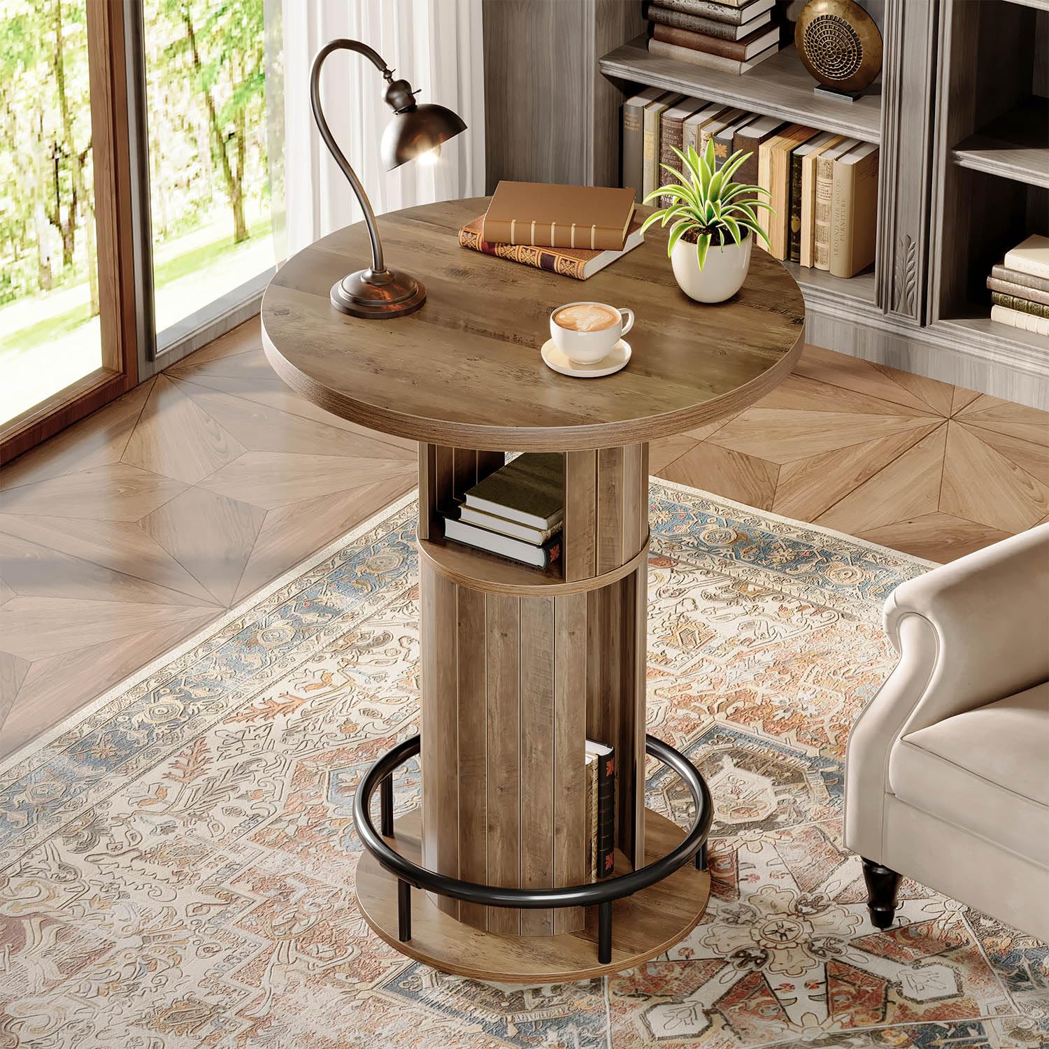 HSH Round Bar Table, 39.37" H Wood Pub Table with Storage & Metal Footrest, Modern Rustic Bar Height Bistro Cocktail Table for Coffee Bar, Kitchen Dining Room, Small Space, Rustic Oak (Table Only)