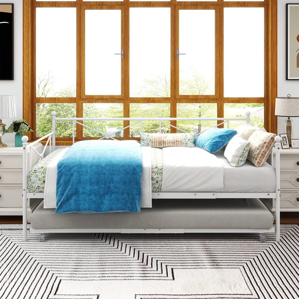 ARFARLY Sofa Bed Daybed with Trundle Premium Steel Slat Support,Multifunctional Mattress Foundation,Sofa Bed Frame with Headboard,Twin,White