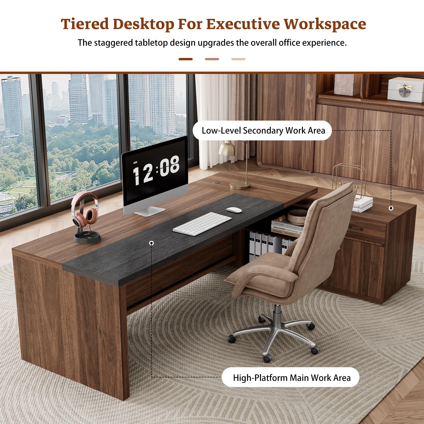 L-Shaped Executive Desk with Drawer & File Cabinet