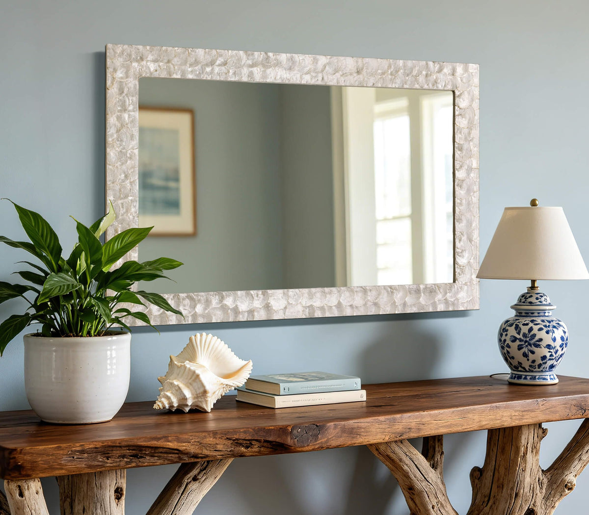 Autdot Coastal Capiz Shell Mirror for Living Room, 47"x32" Rectangular Large Wall Decorative Mirror with Natural Shell Frame and Tempered Glass for Bathroom, Hallway, Dining Room, Horizontal/Vertical