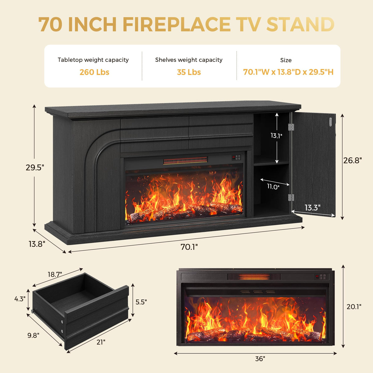 MapleGrace 70" Farmhouse Fireplace TV Stand with 36" Fireplace, Black
