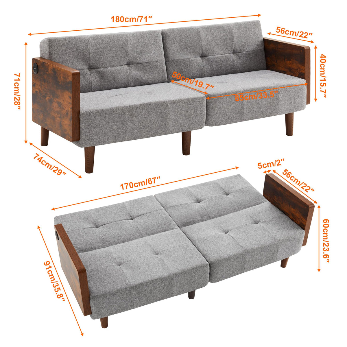 AraSyleon 71" Futon Sofa Bed Convertible Couch for Small Spaces – Twin Sleeper with Cotton Fabric & Wooden Armrests, Grey Upholstered Sofa Bed (Grey)