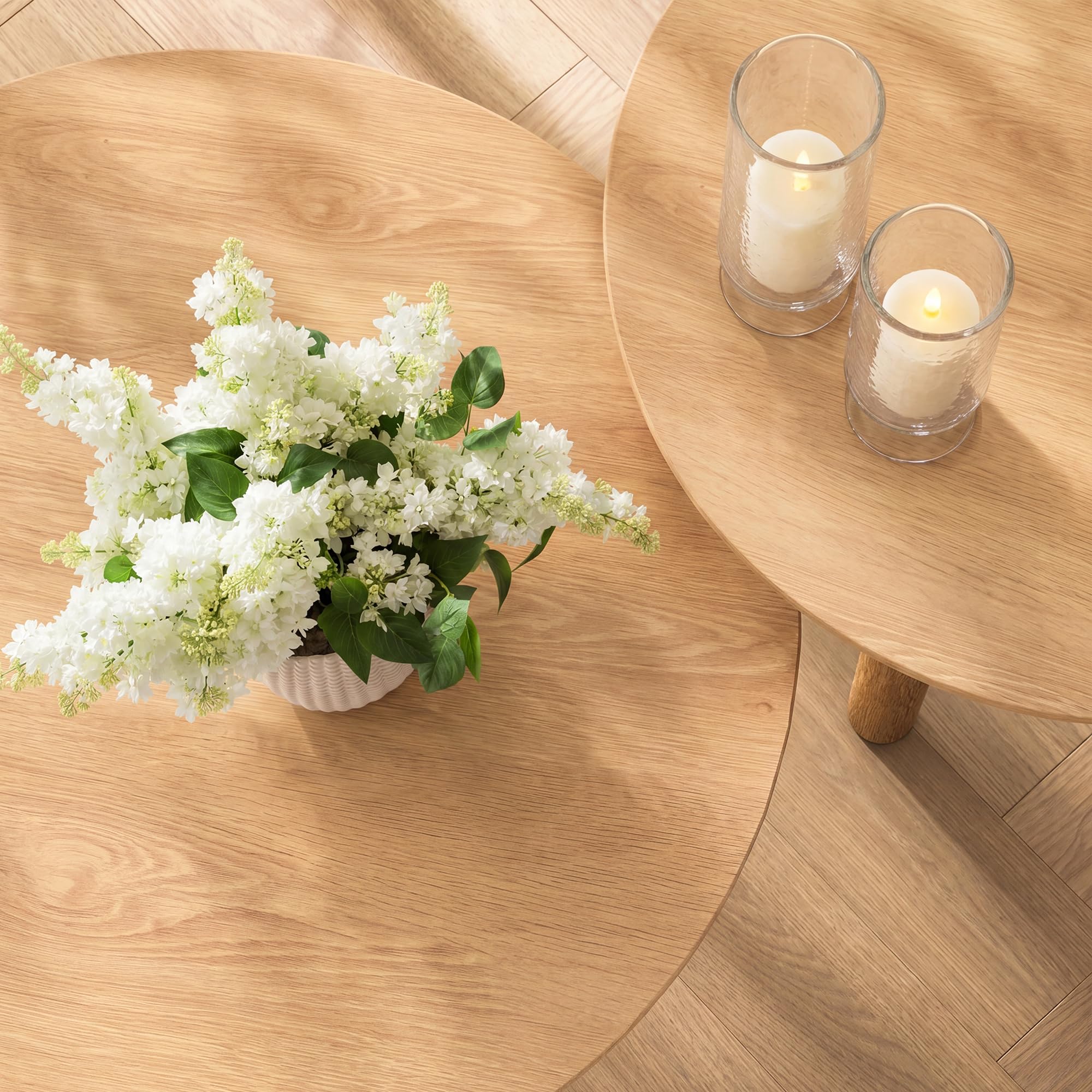 Yechen Nesting Coffee Table Set of 2, Round Wooden Veneer Coffee Table and Side Table Set, Circle Modern Center Tables with Smooth Thick Design for Living Room, Office, or Apartment
