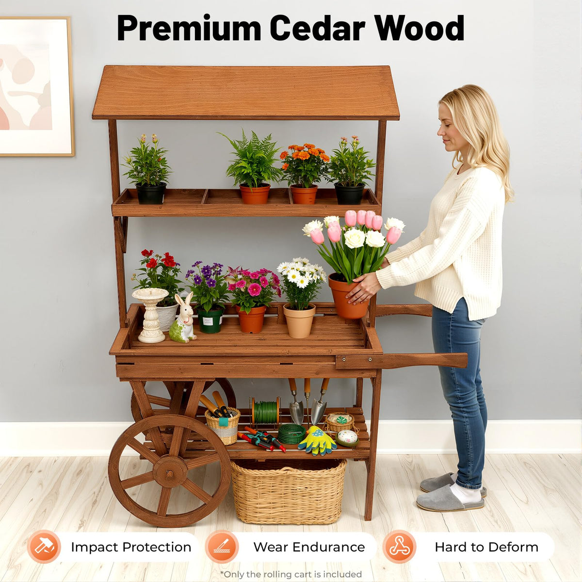 njxbrek Retro Wooden Rolling Cart with 2 Wheels, 3-Tier Cedar Wood Flower Display Stand, Freestanding Lemonade Tea Stall Mobile Shelf with Hollow Grid Design for Indoor Home Decor Plant Display