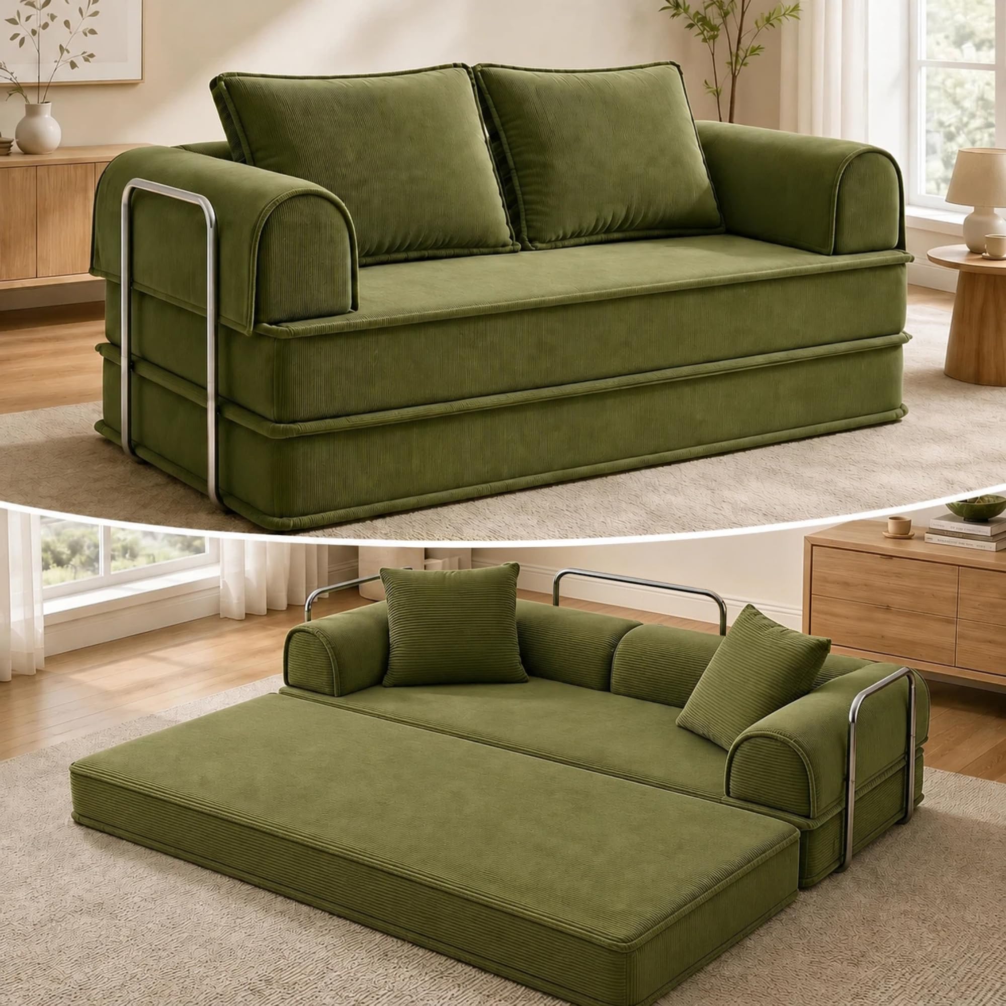 79" Futon Sofa Bed, Convertible Sofa Bed with Fixed-Shape Frame, 5-in-1 Cloud Boneless Couch with Corduroy Cover, Compressed Sleeper Sofa Bed in a Box, Boneless Loveseat Daybed for Living Room Green