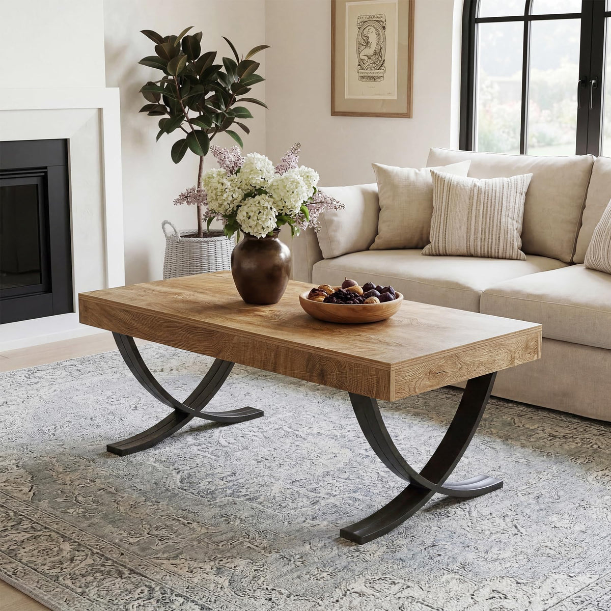 LITTLE TREE 47” Coffee Table, Rectangle Center Table for Living Room, Industrial Modern Living Room Table, Wood Coffee Table with Curved Cross Legs, Thickened Wood Grain Top, Rustic Brown & Black