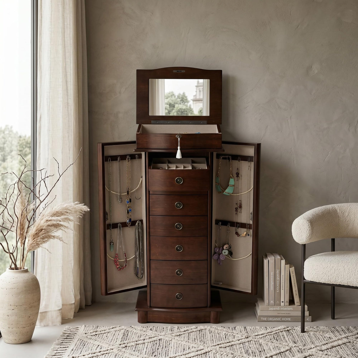 Walnut Jewelry Armoire with Mirror