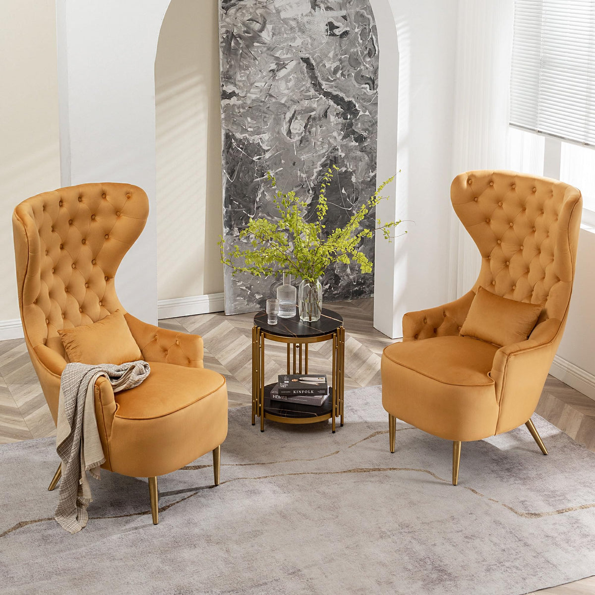 Velvet Wingback Chairs, Set of 2