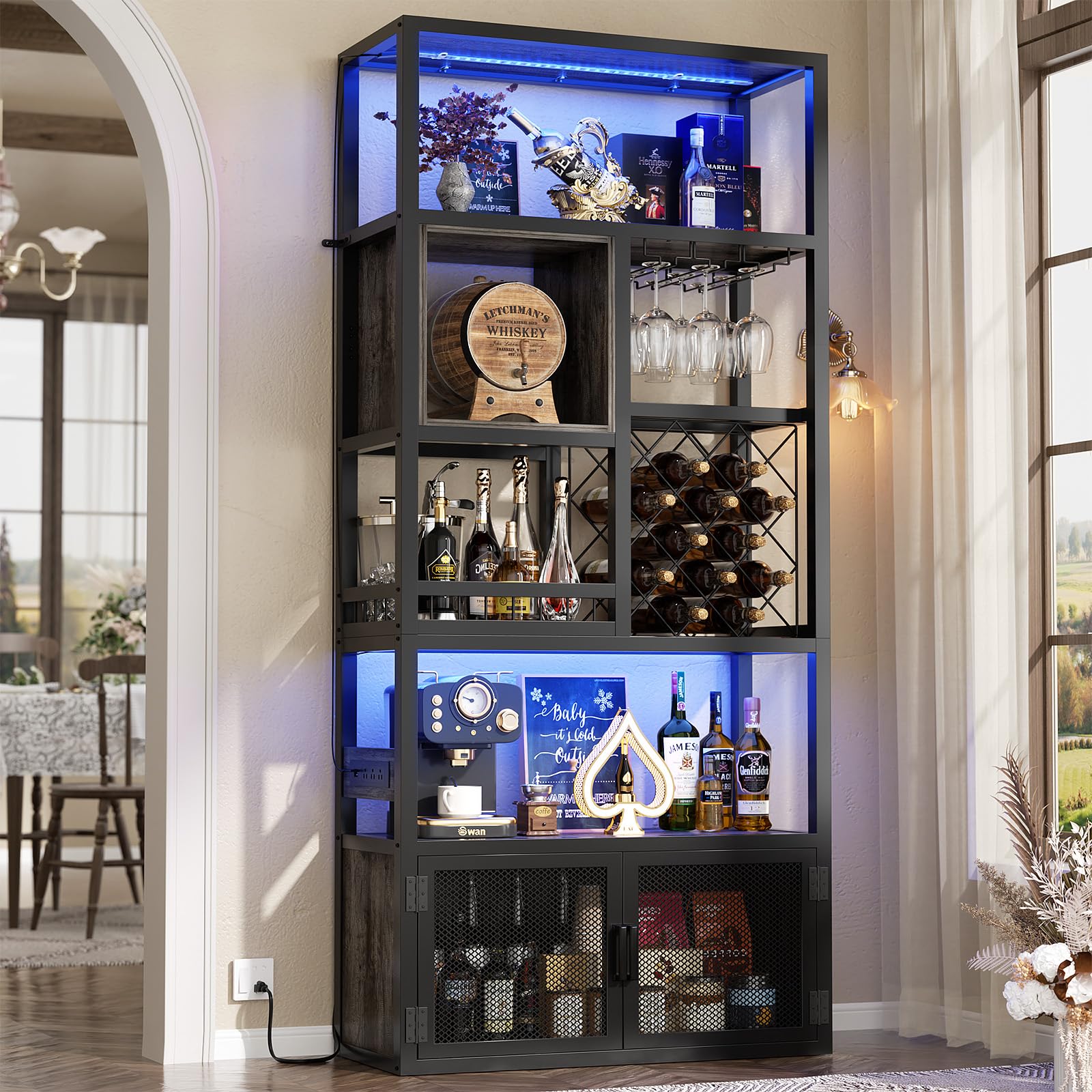 Armocity 82.6" Tall Bar Cabinet with Power Outlets & LED Lights, Liquor Cabinet Bar for Home, Reversible Coffee Station Wine Cabinet with Glass Holder & Wine Rack for Small Space, Grey Oak