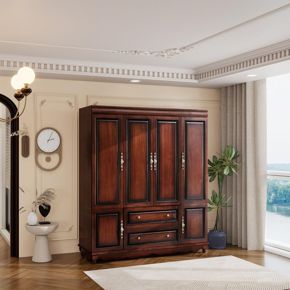 Solid Wood Wardrobe with Drawers