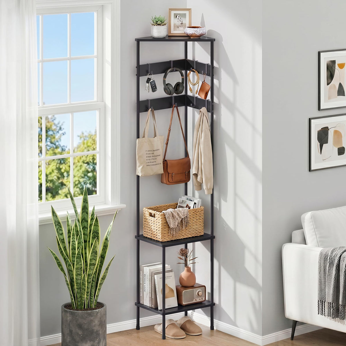 Corner Coat Rack with Shelves