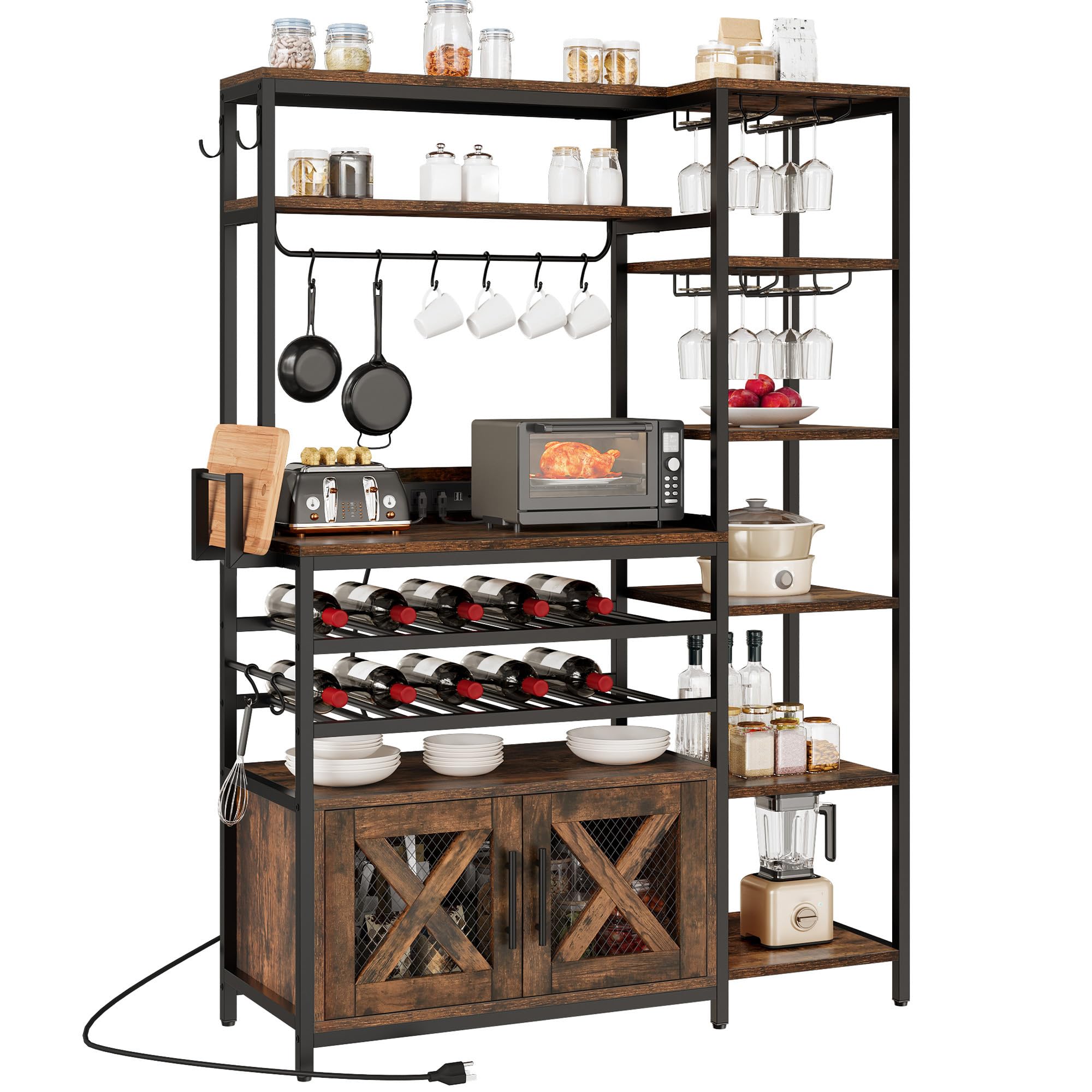 6-Tier L-Shaped Bar Cabinet with Wine Rack & Power Outlet