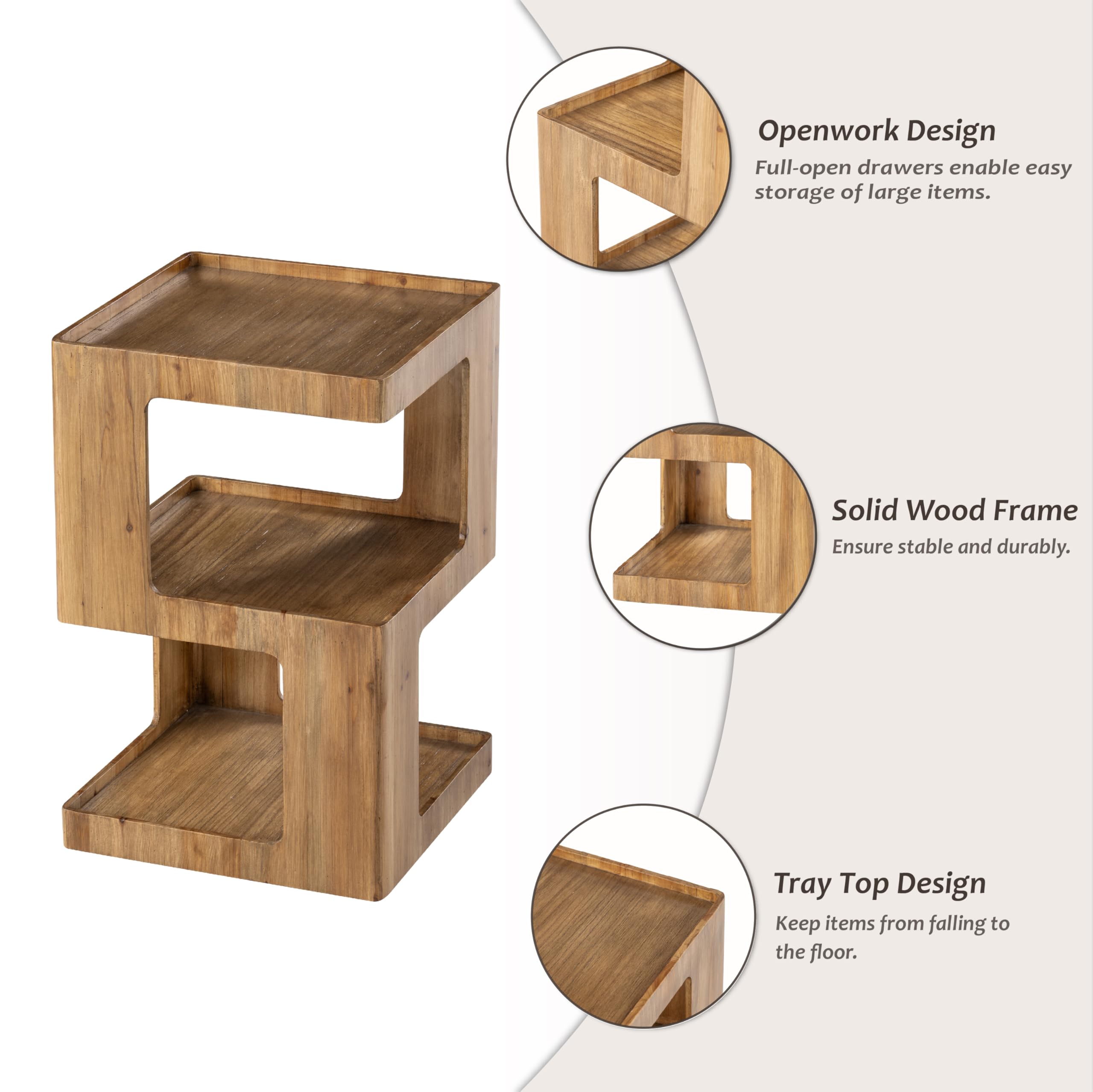 Geometric Wood End Table – 3-Tier Open Shelf
