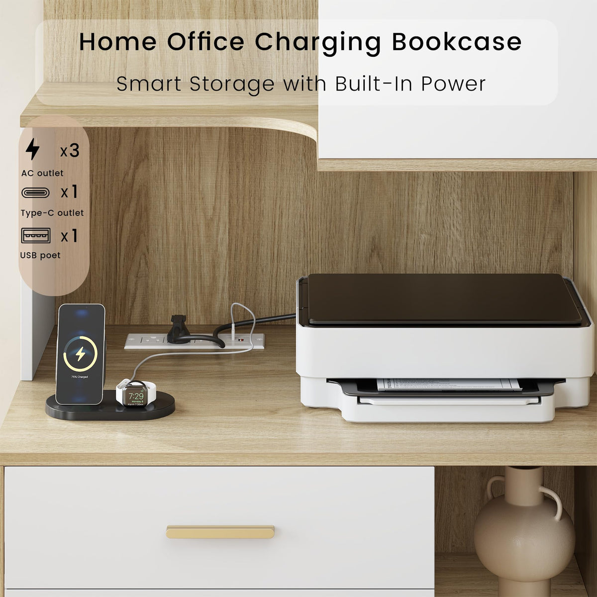 Corner Bookshelf with Drawers & Charging Ports