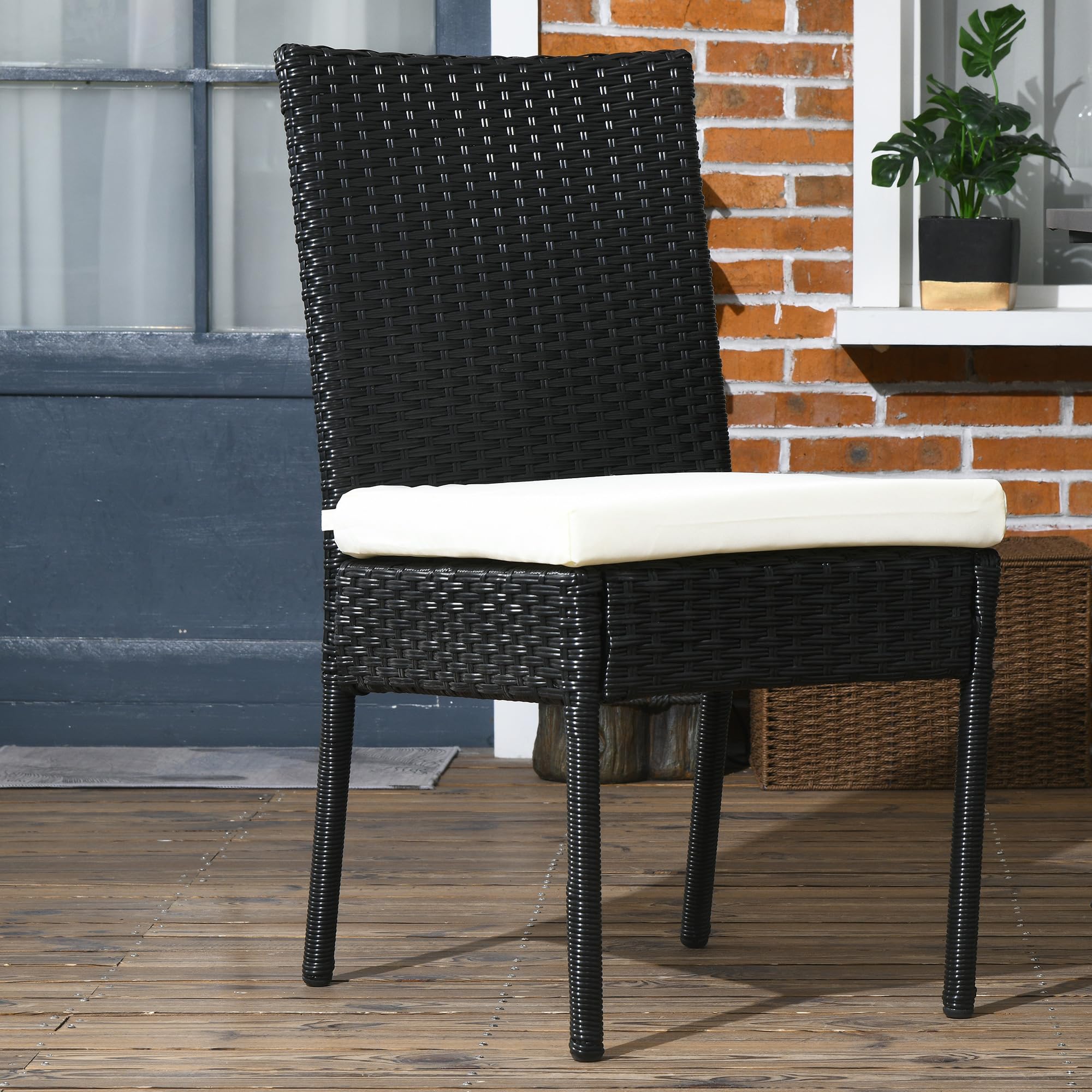 Outsunny 4 PE Rattan Outdoor Dining Chairs with Cushions, Patio Wicker Dining Chairs with Backrests for Porch, Deck, Garden, Black