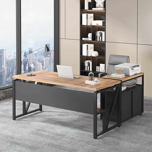 L-Shaped Executive Desk with File Cabinet & Drawers, 63"